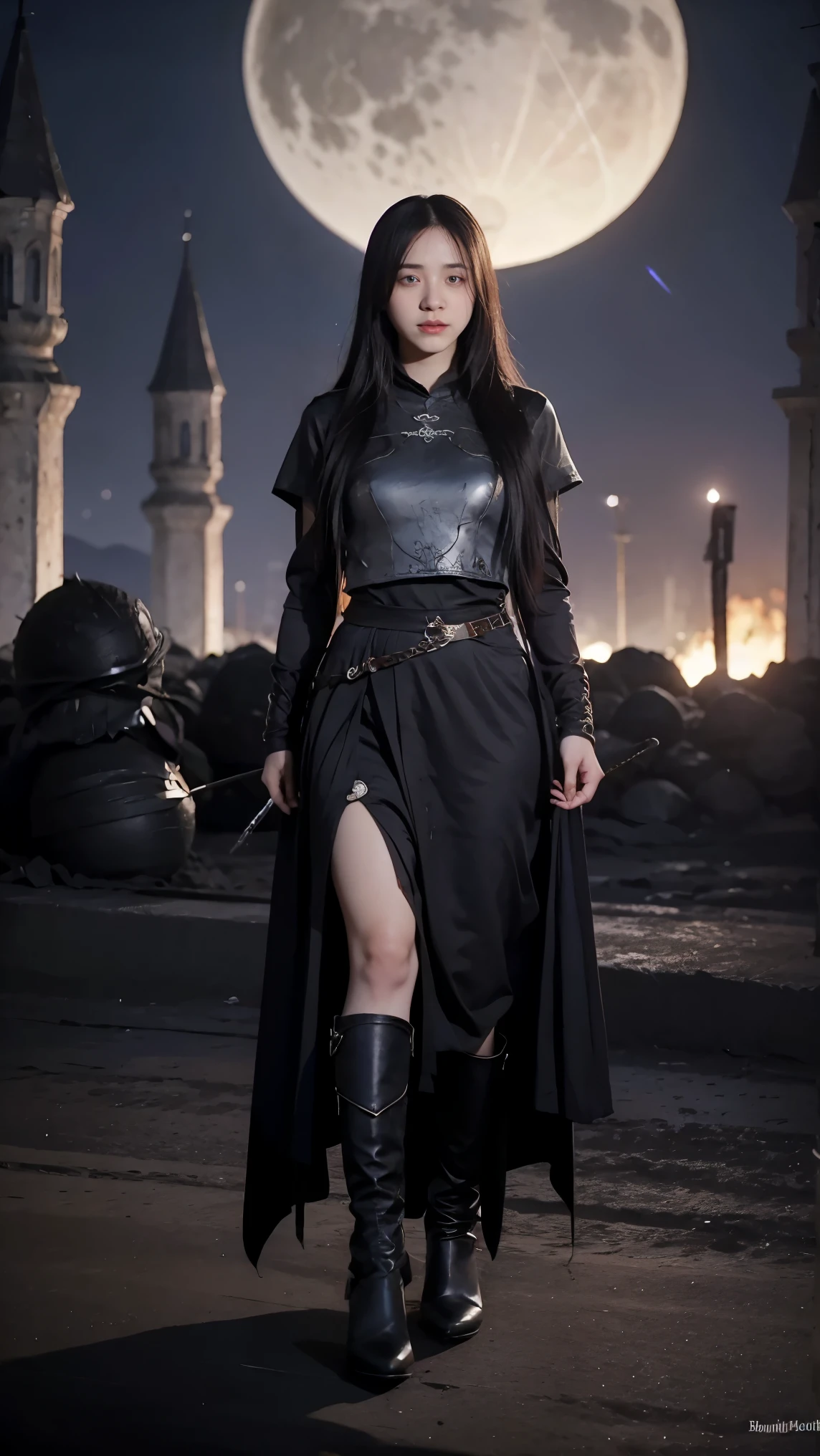 dark souls, black sun, boss battle, epic sword in hands full body 1girl, solo, very cute, beautiful, long hair, purple eyes, cute, night, dim lighting, looking at viewer detailed background