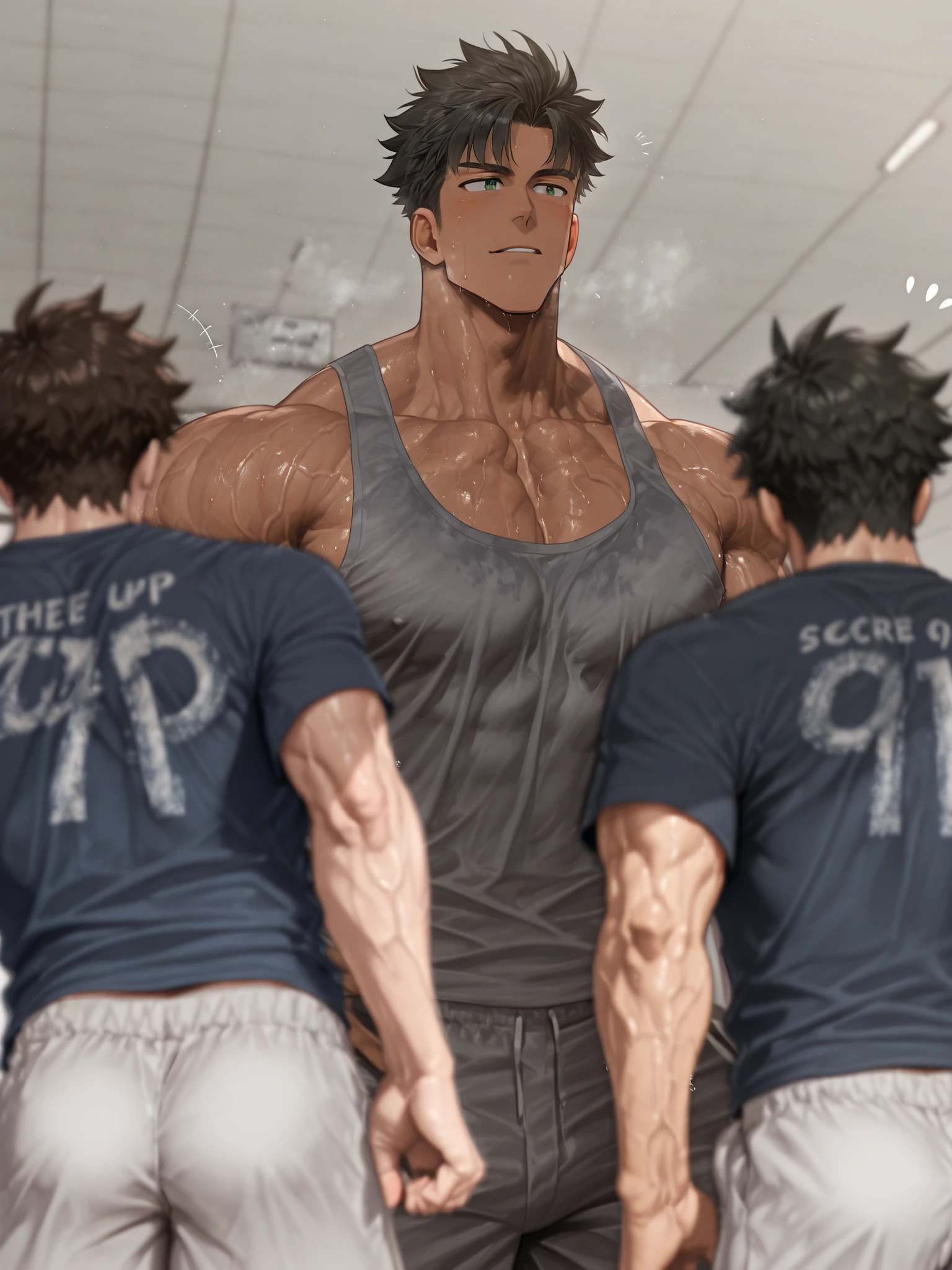 Three men are standing side by side, each wearing a different style of tank top - white, dark gray, and dark green. They display muscular builds, with prominent arm and shoulder muscles emphasized by their clothing. Each is positioned facing forward, showcasing their physique. Behind them, a person wearing light gray shorts and a navy blue t-shirt is bending forward slightly, possibly observing or interacting with the men. The scene is set in an indoor environment with neutral lighting that highlights the subjects' muscular definition and the color contrast of the tank tops.