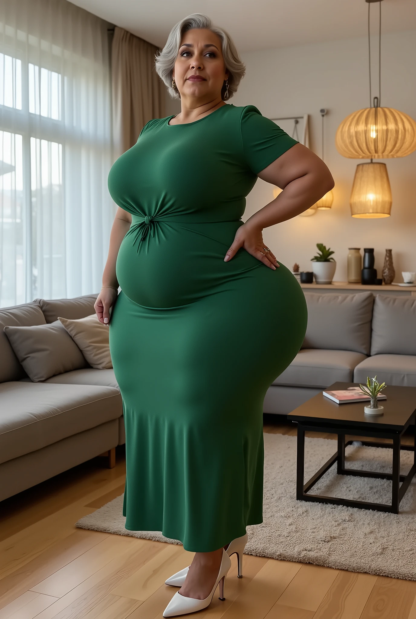 A sensual woman, mature woman between 50 and 60 years old, She has gray hair and an elegant retro hairstyle from the 40's, slight wrinkles due to age, a slight sagging belly, She has a voluptuous body, lewd, Lustful, perfect curves and sexy, She is a woman with a curvaceous build, hourglass-shaped body, wide hips, slim waist, thick legs, thick thighs, huge butt. She wears a Safari Vibes Long Dress - Green, wears shiny white heels. Captured in a hyperrealistic cinematic style, realistic details, captured in a general shot, school uniform full body image, excellent quality. He is standing in the living room of his house, in a modern style.