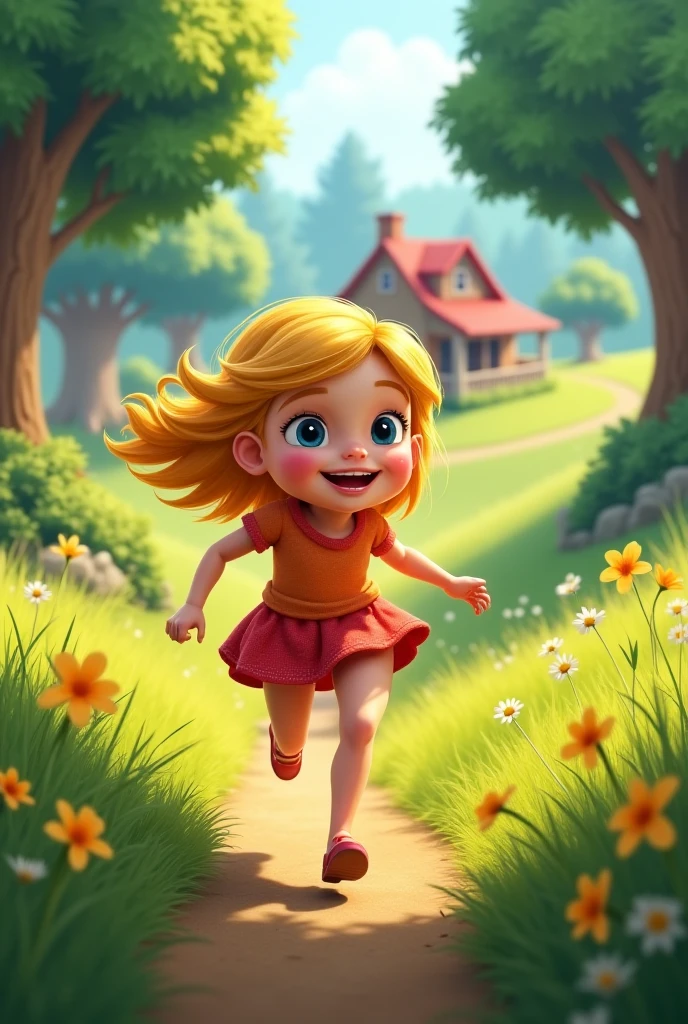 Animated young girl with blonde shoulder lenght hair blue eyes in a silver skirt and a white t-shirt running on the lawn full of dandelions