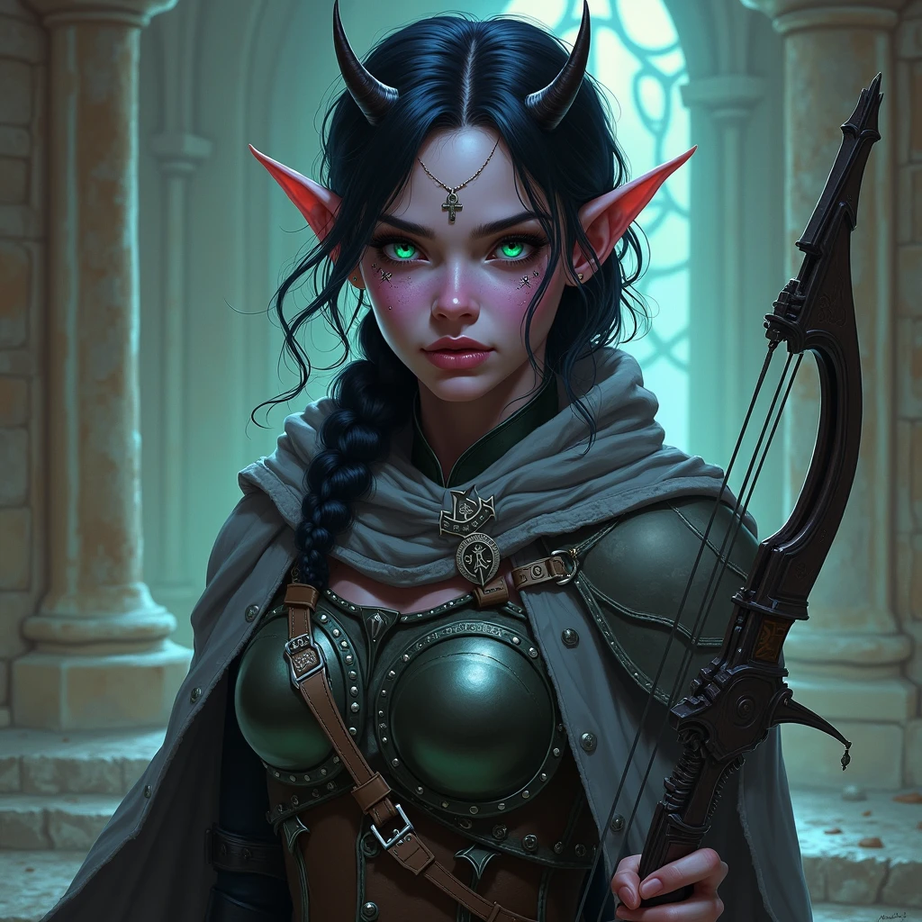 uma tiefling ladina fêmea de pele bronzeada, com um tom quente e reluzente que parece capturar a luz de forma sutil, acentuando suas feições marcantes. Seus olhos são de um verde penetrante, com pupilas verticais como as de um réptil, brilhando com astúcia e um toque de mistério. Quando ela sorri, o que é raro, pequenas presas se destacam, sugerindo tanto charme quanto perigo. Seu cabelo é curto, liso, cortado mais curto nas laterais e de um tom castanho escuro, quase preto, que contrasta lindamente com sua pele. Seus chifres são finos e elegantes, curvando-se ligeiramente para trás, com a textura suave e um brilho discreto, quase como se fossem esculpidos do mais fino marfim. O rosto é anguloso e gracioso, com maçãs do rosto altas e uma mandíbula bem definida. Suas sobrancelhas arqueadas dão a ela uma expressão naturalmente intrigante, como se sempre estivesse prestes a descobrir ou esconder algo. Pequenas cicatrizes, quase imperceptíveis, marcam seu rosto Ela veste roupas leves e ajustadas, de couro negro e flexível, projetadas para máxima mobilidade e silêncio. Um manto escuro, quase indistinguível nas sombras, envolve seus ombros, com um capuz que pode puxar para esconder suas características mais distintivas. Suas mãos, finas e ágeis, estão quase sempre cobertas por luvas escuras que ocultam suas garras afiadas. No cinto, carrega uma coleção de adagas bem equilibradas e ferramentas de ladina, incluindo ganchos, chaves mestres e frascos de veneno. Uma bolsa discreta presa ao cinto guarda seus itens valiosos e segredos bem guardados. uma cauda longa e esguia