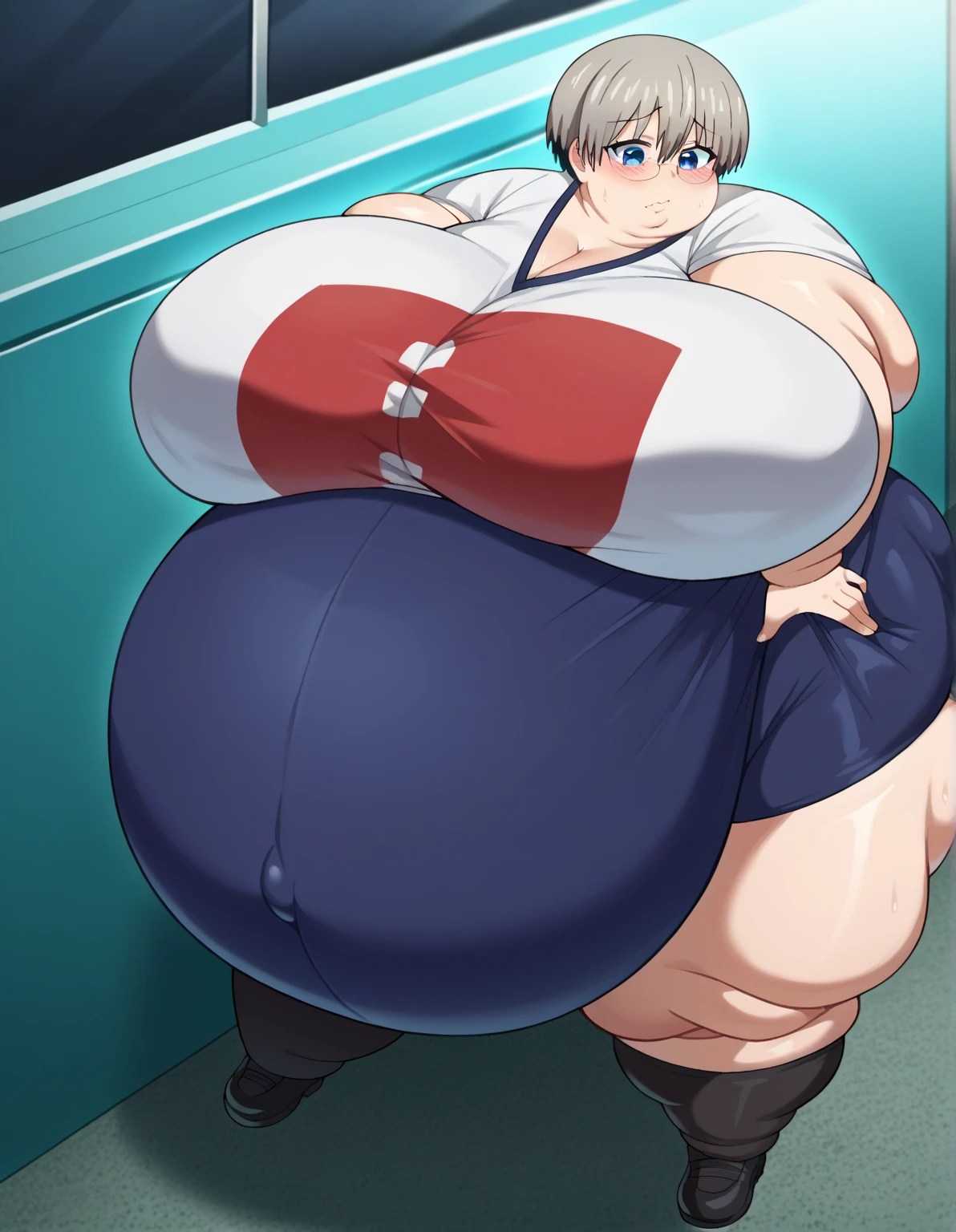 Rei Ayanami,A girl wearing gym clothes and red bloomers((From behind)),Light blue hair,Red eyes,short hair,Blushed,vapor,Sweat,Chubby,Alluring expression,Spreading her legs((From behind)),Leaning your upper body forward forcefully((From behind))