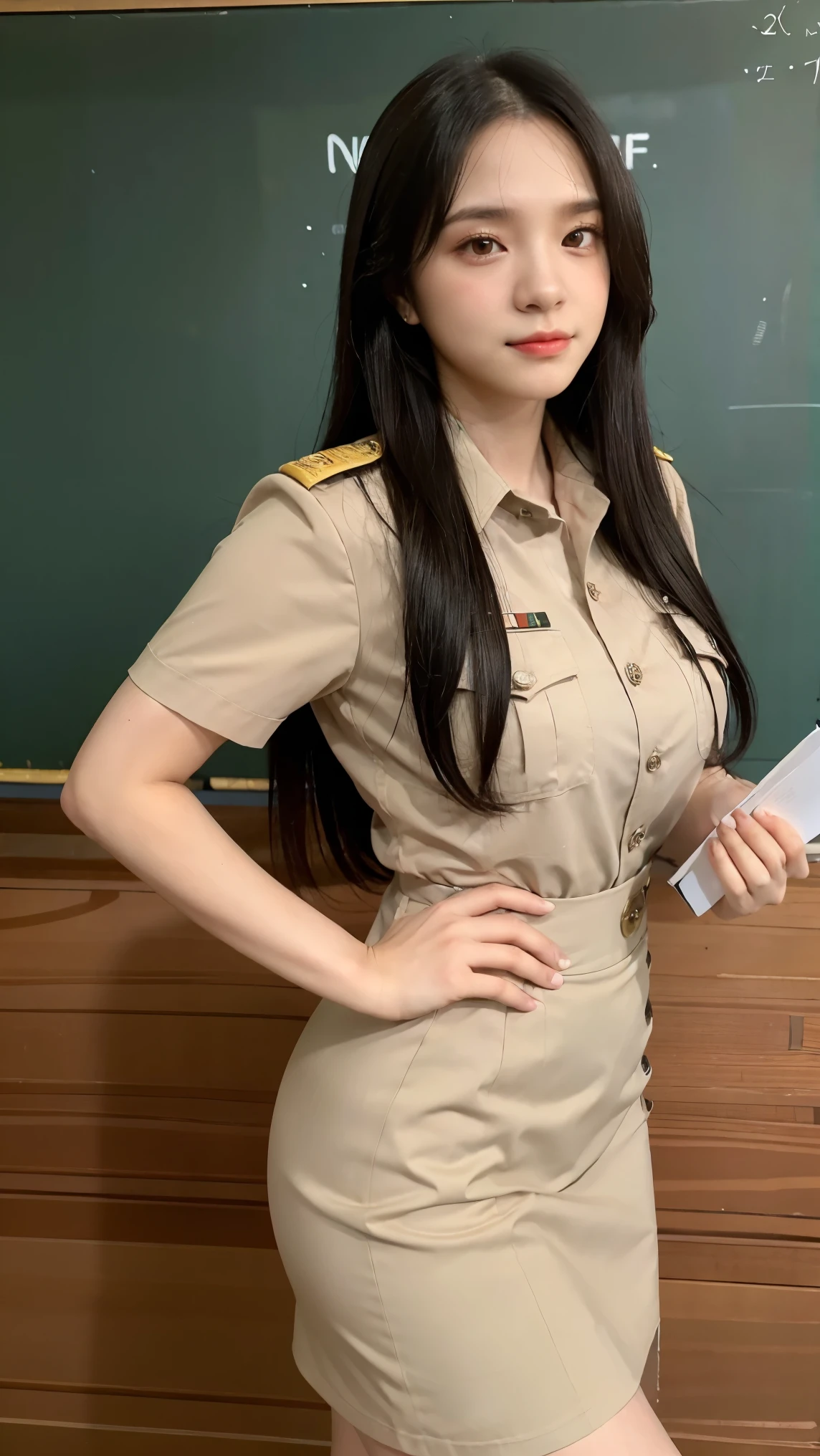 Khaki suit, khaki civil servant, Thai teacher uniform:1.3, Beautiful girl with extra long hair, Two meter long hair, Long, shiny hair, long black hair, Her hair is very long., Long, thick, soft hair, Extra long hair, Standing pose, hands on hips, full body, Short sleeve shirtสีกากี, short pencil skirtสีกากี, side cut, Decorated with military insignia., black high heels, The sexiest, small waist, hips raised, small thighs, Long legs, Huge breasts:1.5, big breast, Very big breasts, Eye-catching breasts, A gigantic rift, Not completely covered, big breast, Huge breast, Big D, Two meter long hair, Beautiful face, red lips, Very shiny, Beautiful face, Military rank insignia, short pencil skirt, tight, Short sleeve shirt, tight fitting, Classroom background, chalkboard, Holding a book, teaching a class, confident, cinematic lighting.