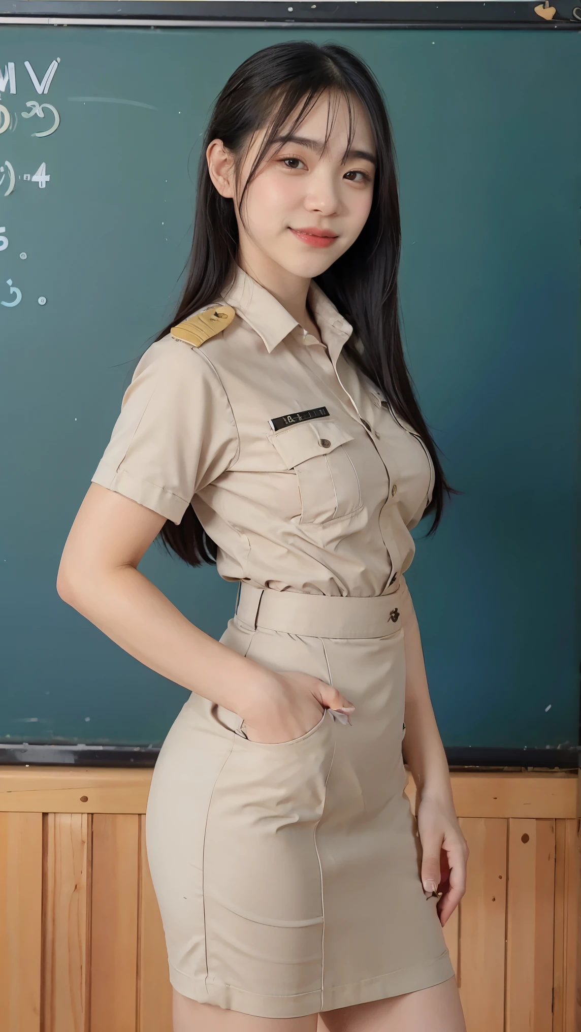 Khaki suit, khaki civil servant, Thai teacher uniform:1.3, Beautiful girl with extra long hair, Two meter long hair, Long, shiny hair, long black hair, Her hair is very long., Long, thick, soft hair, Extra long hair, Standing pose, hands on hips, full body, Short sleeve shirtสีกากี, short pencil skirtสีกากี, side cut, Decorated with military insignia., black high heels, The sexiest, small waist, hips raised, small thighs, Long legs, Huge breasts:1.5, big breast, Very big breasts, Eye-catching breasts, A gigantic rift, Not completely covered, big breast, Huge breast, Big D, Two meter long hair, Beautiful face, red lips, Very shiny, Beautiful face, Military rank insignia, short pencil skirt, tight, Short sleeve shirt, tight fitting, Classroom background, chalkboard, Holding a book, teaching a class, confident, cinematic lighting.