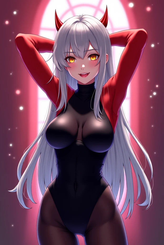 (RAW photo, best quality, masterpiece:1.2), (realistic, photo-realistic:1.4),(masterpiece:1.4),(best quality:1.4),1girl, solo, :d, animal ear headphones, animal ears, arms up, bangs, blush, bodysuit, breasts, bunny pose, clothes writing, covered navel, cowboy shot, cropped jacket, fake animal ears, gloves, outdoor,morning,snow, hair intakes, headphones, impossible bodysuit, impossible clothes, jacket, large breasts, latex, latex bodysuit, long hair, long sleeves, looking at viewer, large breasts, multicolored gloves, open mouth, pink bodysuit, pink eyes, red eyes, red jacket, shiny clothes, shrug \(clothing\), sidelocks, skin tight, smile, thigh gap, thighs, twintails, very long hair, white gloves, white hair,alice \(nikke\),(shiny skin),realistic,