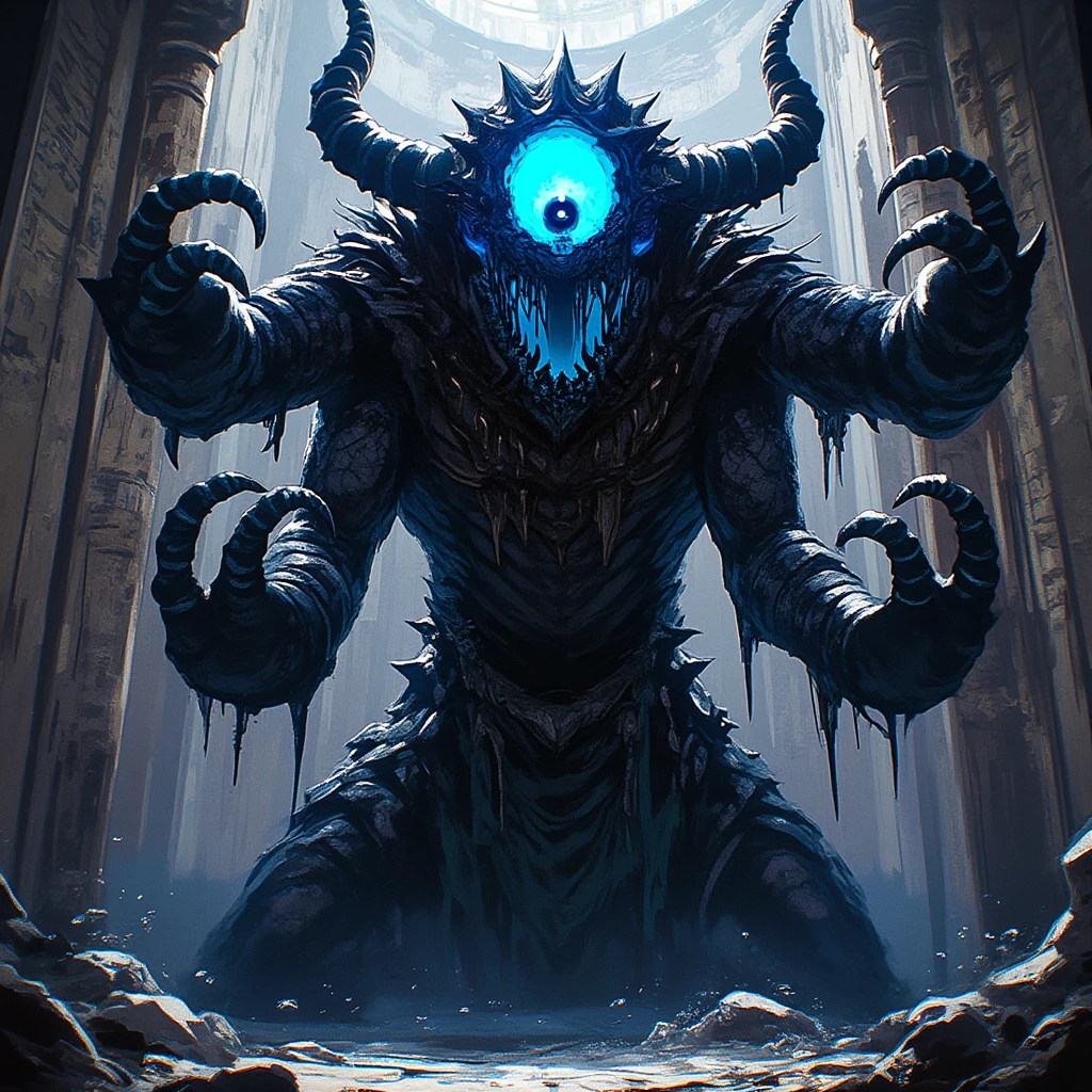 there is a man holding a tennis racket with a giant monster on it, demon soul concept art, fighting monster with magic, balrog concept art, riot games concept art, by Shen Zhou, painted as a game concept art, by Yang J, league of legends concept art, fantasy game art style, by Aleksander Kotsis, rhinoceros playing badminton