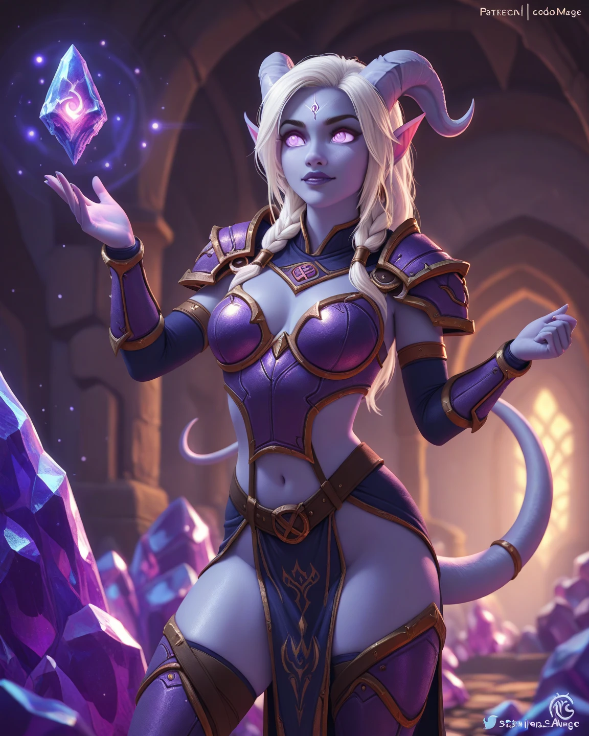 Draenei Girl, world of warcraft, White long hair with long bangs, Gold rings in the ears, ((draenei tail)), Beautiful cute face, Charming, Sexually aroused facial expression, Facing the camera, ((blue skin color)), Skin color-blue, Body glare, ((Beautiful Female Eyes)), Cyan eyes, ((Perfect Sexy Figure)), Ideal body shapes, big thighs, ((Subtle and beautiful)), Sexually seductive sitting position with fire magic emanating from hand, ((world of warcraft, Sexy Fantasy Magician Clothes, sexy cleavage)), background: world of warcraft, Flying City of Dalaran, Depth of field, ((ultra quality)), ((tmasterpiece)), clear image, crisp details, Realistic, Professional Photo Session, Clear Focus, the anime, Colorfully drawn, NSFW