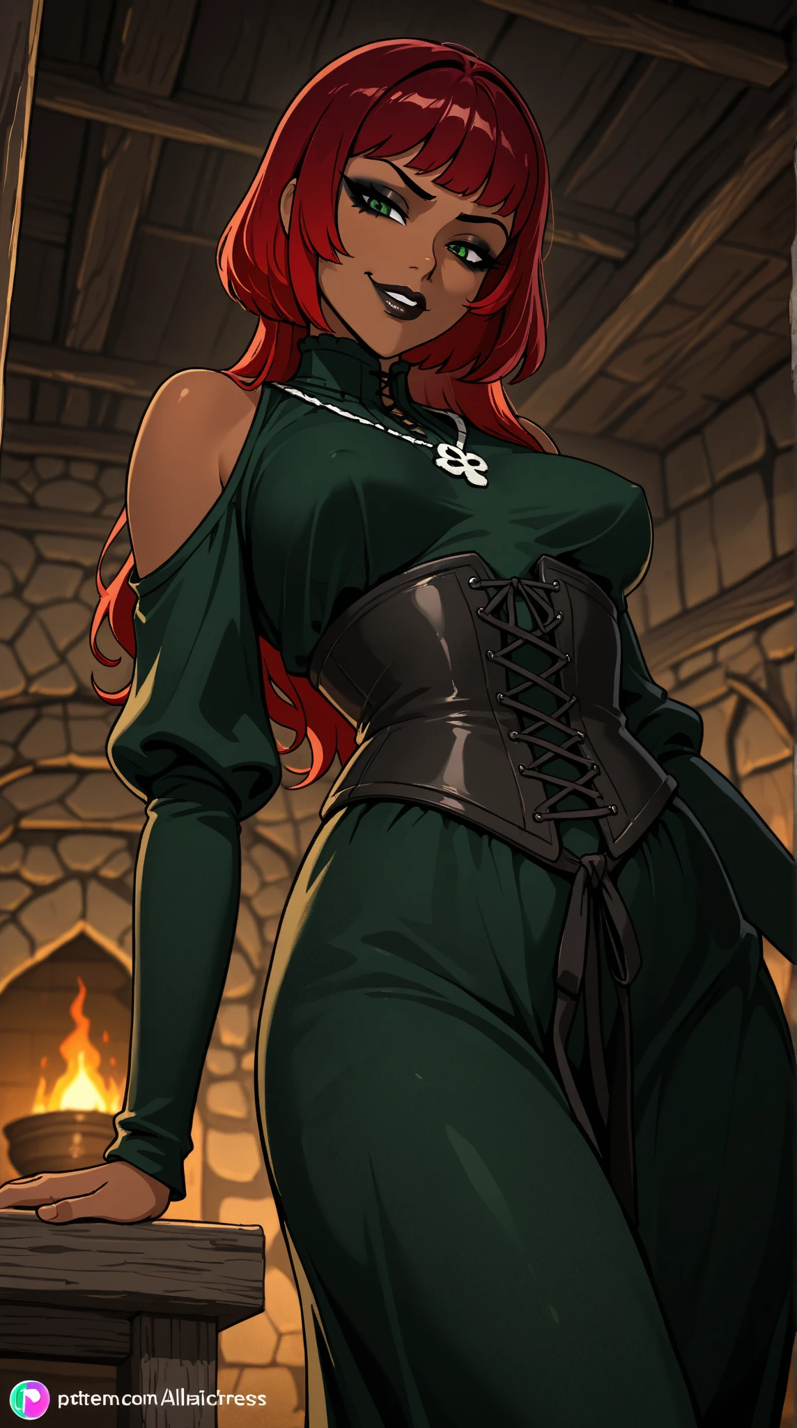 1girl, highly detailed eyes, intricate details, detailed pupils, ((realistic)), round pupils, solo, green eyes, ((red hair)), (long hair), (night dress), ((cartoon)), looking at viewer, seductive smile, soft lighting, (field), portrait, abs, hands on hips,