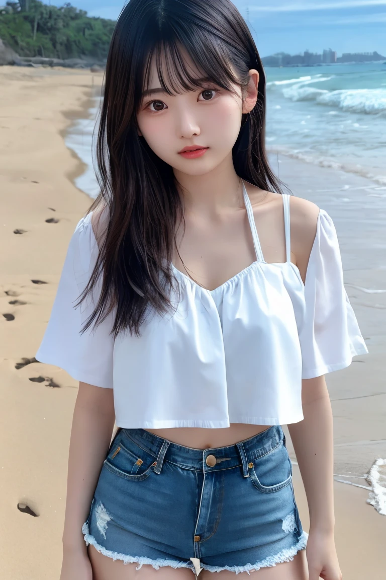 Best quality,Ultra-high resolution,(lifelike:1.4),Cute hairpin,1girll,Long curly hair,jk,Blush,Slim beauty:1.4,Visible abdominal muscles,on the beach,Ultra-fine face,Exquisite eyes,Double eyelids,necklace