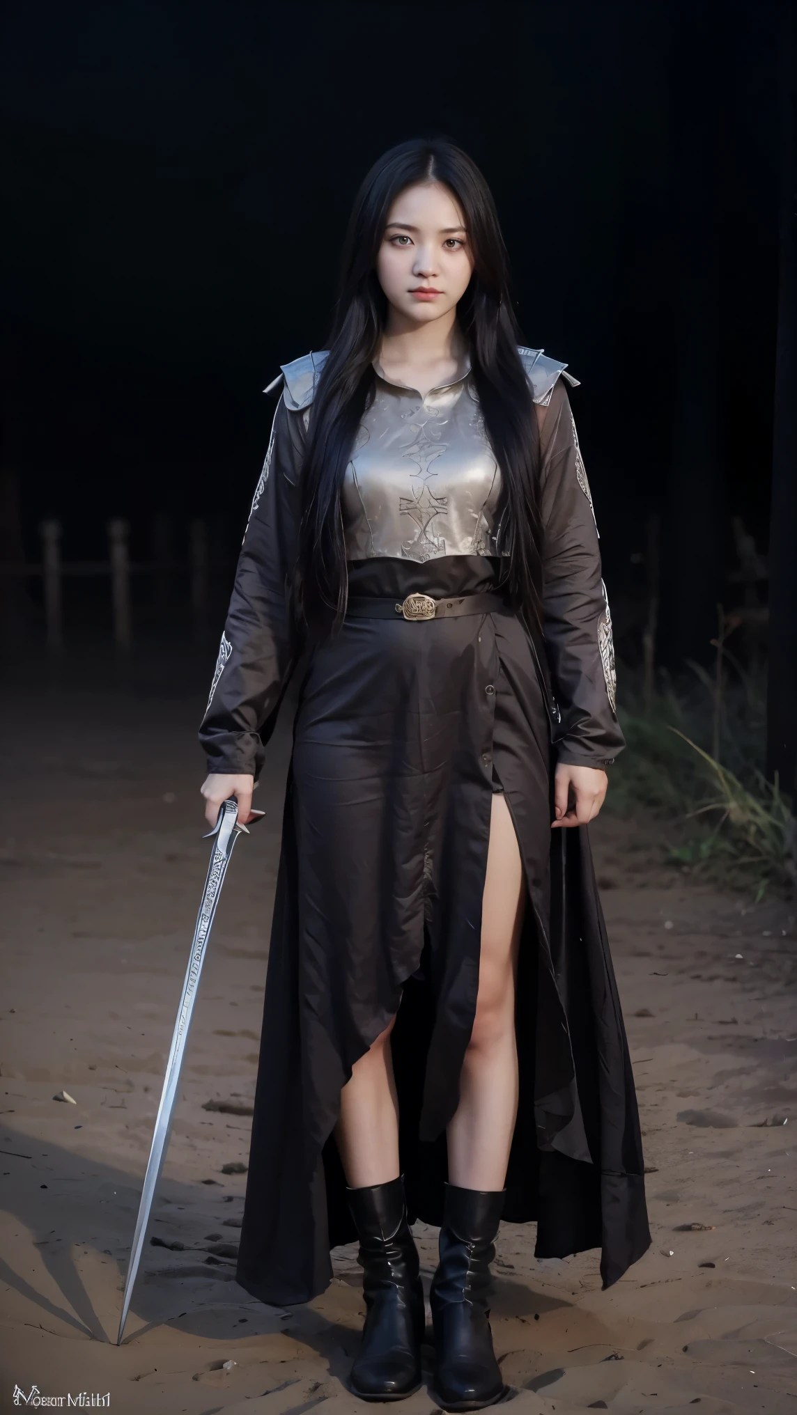 dark souls, black sun, boss battle, epic sword in hands full body 1girl, solo, very cute, beautiful, long hair, purple eyes, cute, night, dim lighting, looking at viewer detailed background
