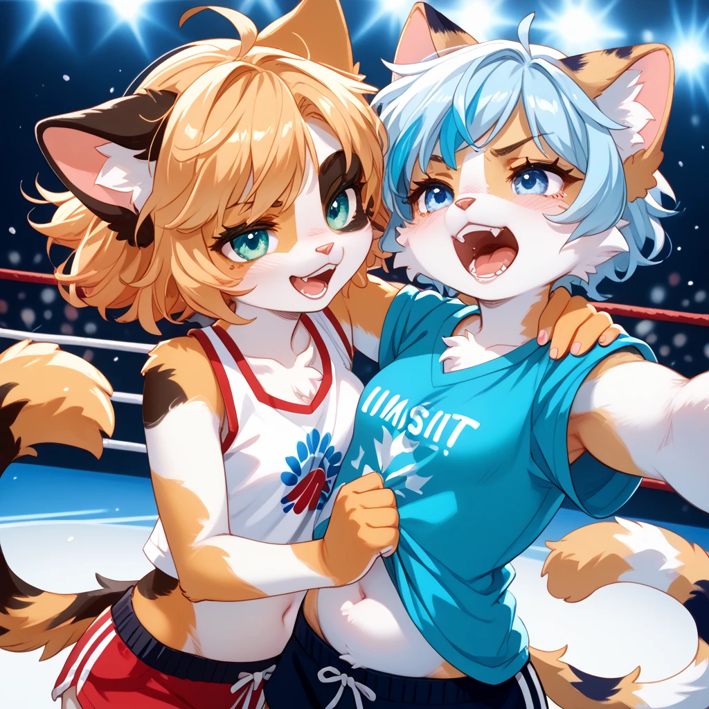 2girls, wolf and fox, furry, bodyfur, tail, collar, topless, big breasts, jeans, long pants, glove, boots, chibi, sparkling eyes, boxing, punching, fighting, battle, from side