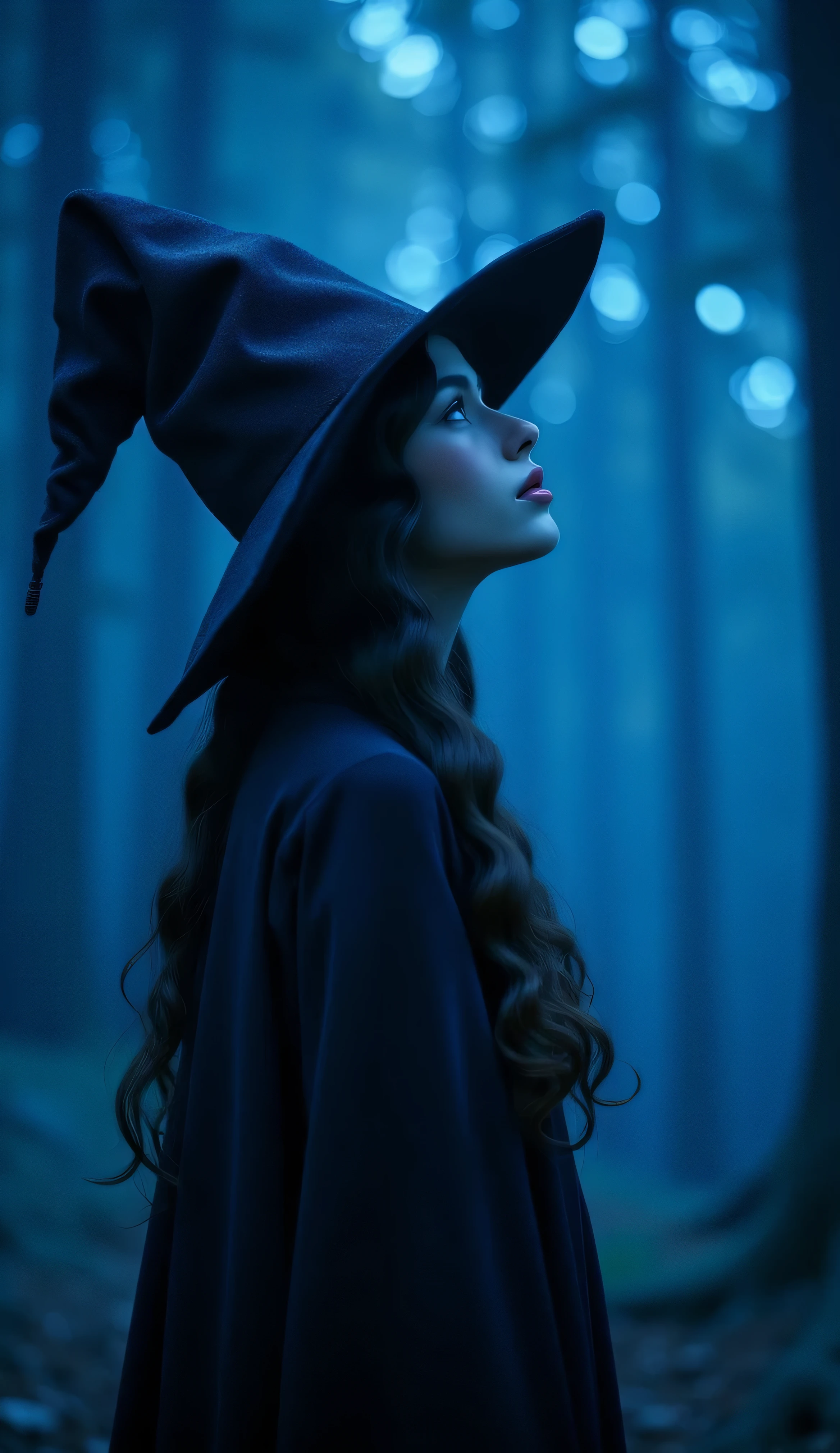 A full body dramatic artistic side shot of a young beautiful woman with dark wavy hairstyle, wearing a pointy wizards hat and looking up to the stars, wearing artistic clothes, cinematic shot, cinematic composition, thick mist, ((((deep dark sapphire blue color)))), at night, darkness, shadow, masterpiece, digitalart, painting, split complementary palette, muted, monochromatic, achromatic, (cinematic artistic composition), best quality, (ancient feel), philosophy, (flickers of floating glowing tiny blue particles), (((digital art style))), brushstrokes, artistic, sunset hard edge rim lighting