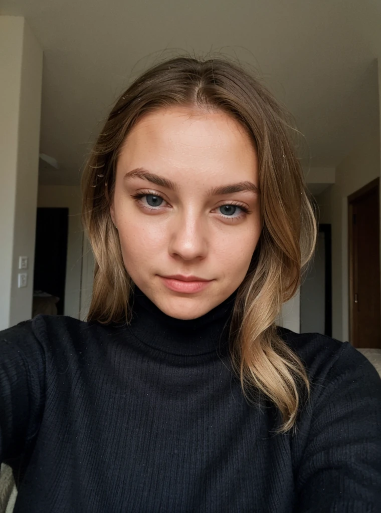 Une femme blonde de 23 ans, ((gros seins)), ((hyperréalisme)) ,. blonde hair with light brown roots. cheveux blond, Cheveux aux racines brunes, very long hair, very long hair, very long hair, Beau, vue de face, photo automatique, Photo prise avec iPhone, elegante camisa negra con encolure, Coupe-bas, photo automatique, high quality, photo automatique iPhone, encolure, yeux verts, full lips, centre commercial, selfie à travers le miroir, iphone noir