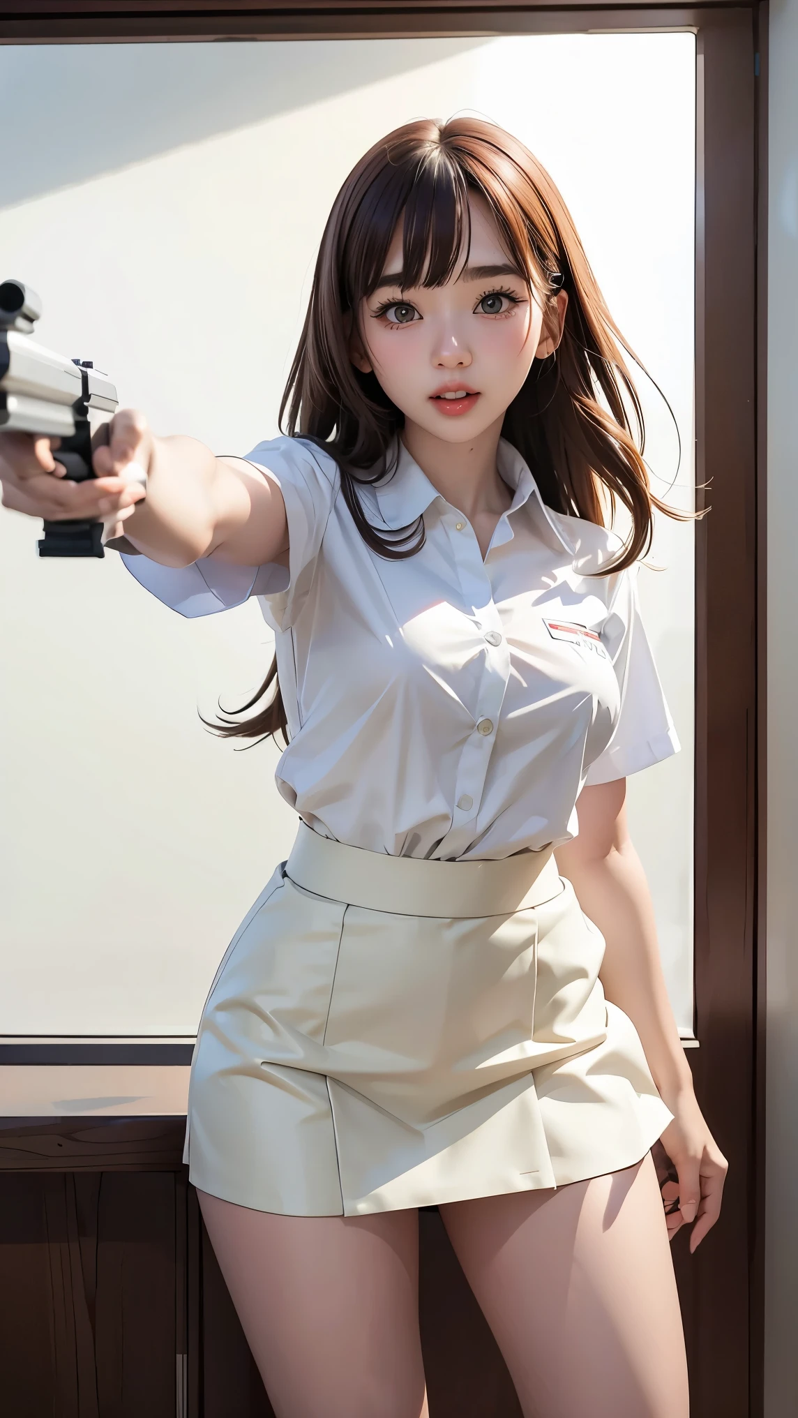 real beautiful sweet big eyes office lady japanese white shirt latex low mini skirt standing legs open wide spreading full portrait holding rifle gun pointing at you front facing aiming at you shooting range