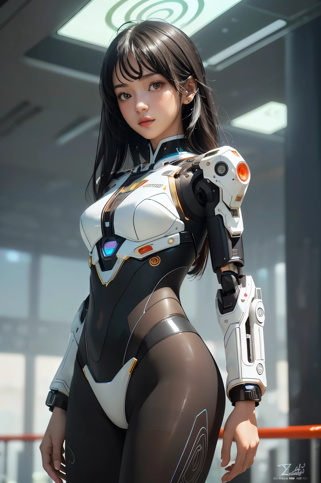 rosto humano extremamente fofo de menina de dezoito anos, torso humano, peitos enormes humanos, abdome humano, quadris humanos, robot arms, mechanic legs, arms and legs with hard white shiny shell and black joints, muito bonita e feminina, curto, pequeno, Pequeno, Pequeno, busty buttocks, medium bust, cleavage showing, flat belly display, capacete parcial com antena na orelha, black robot joints, Muito elegante, Design de produto premiado, black rubber tights, The shiny white metal breastplate opens at the cleavage and abdomen, the white metal buttocks are wrinkled, e a armadura tem estilo, glowing trims