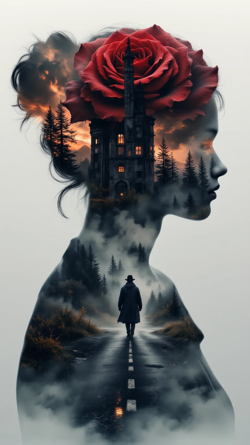 Hyper-realistic digital painting An ideal double exposure. is a huge Transparent silhouette of a black and burgundy rose, in double exposure inside we see the departing silhouette of a cowboy in a raincoat walking along the road to a huge bizarre Dark tower against the background of a gloomy post-apocalyptic landscape.. Saturated dark colors. ethereal ambiance, octane render, ultra HD, vivid colors, intricate detailing, perfect composition, soft natural lighting, 8k resolution, capturing the essence of a dark fantasy realm. creating a stunning surreal composition, digital artwork showcasing ultra-detailed textures, pure perfection. High Resolution, High Quality
