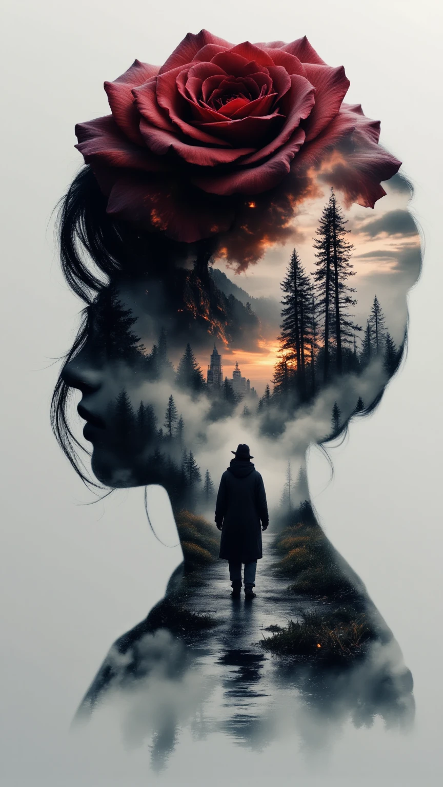 Hyper-realistic digital painting An ideal double exposure. is a huge Transparent silhouette of a black and burgundy rose, in double exposure inside we see the departing silhouette of a cowboy in a raincoat walking along the road to a huge bizarre Dark tower against the background of a gloomy post-apocalyptic landscape.. Saturated dark colors. ethereal ambiance, octane render, ultra HD, vivid colors, intricate detailing, perfect composition, soft natural lighting, 8k resolution, capturing the essence of a dark fantasy realm. creating a stunning surreal composition, digital artwork showcasing ultra-detailed textures, pure perfection. High Resolution, High Quality