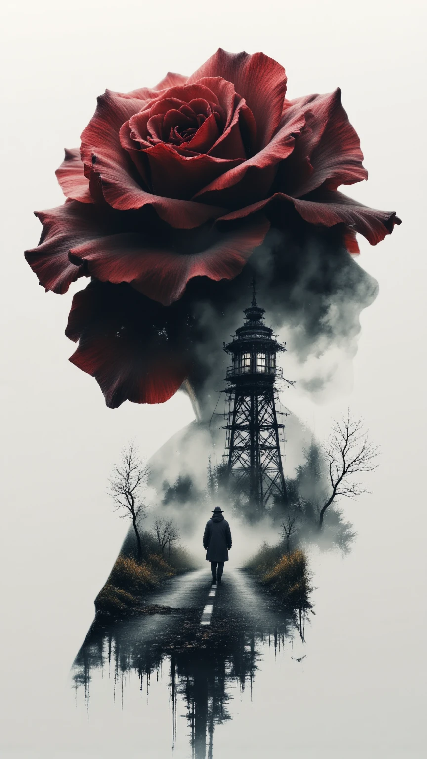 Hyper-realistic digital painting An ideal double exposure. is a huge Transparent silhouette of a black and burgundy rose, in double exposure inside we see the departing silhouette of a cowboy in a raincoat walking along the road to a huge bizarre Dark tower against the background of a gloomy post-apocalyptic landscape.. Saturated dark colors. ethereal ambiance, octane render, ultra HD, vivid colors, intricate detailing, perfect composition, soft natural lighting, 8k resolution, capturing the essence of a dark fantasy realm. creating a stunning surreal composition, digital artwork showcasing ultra-detailed textures, pure perfection. High Resolution, High Quality