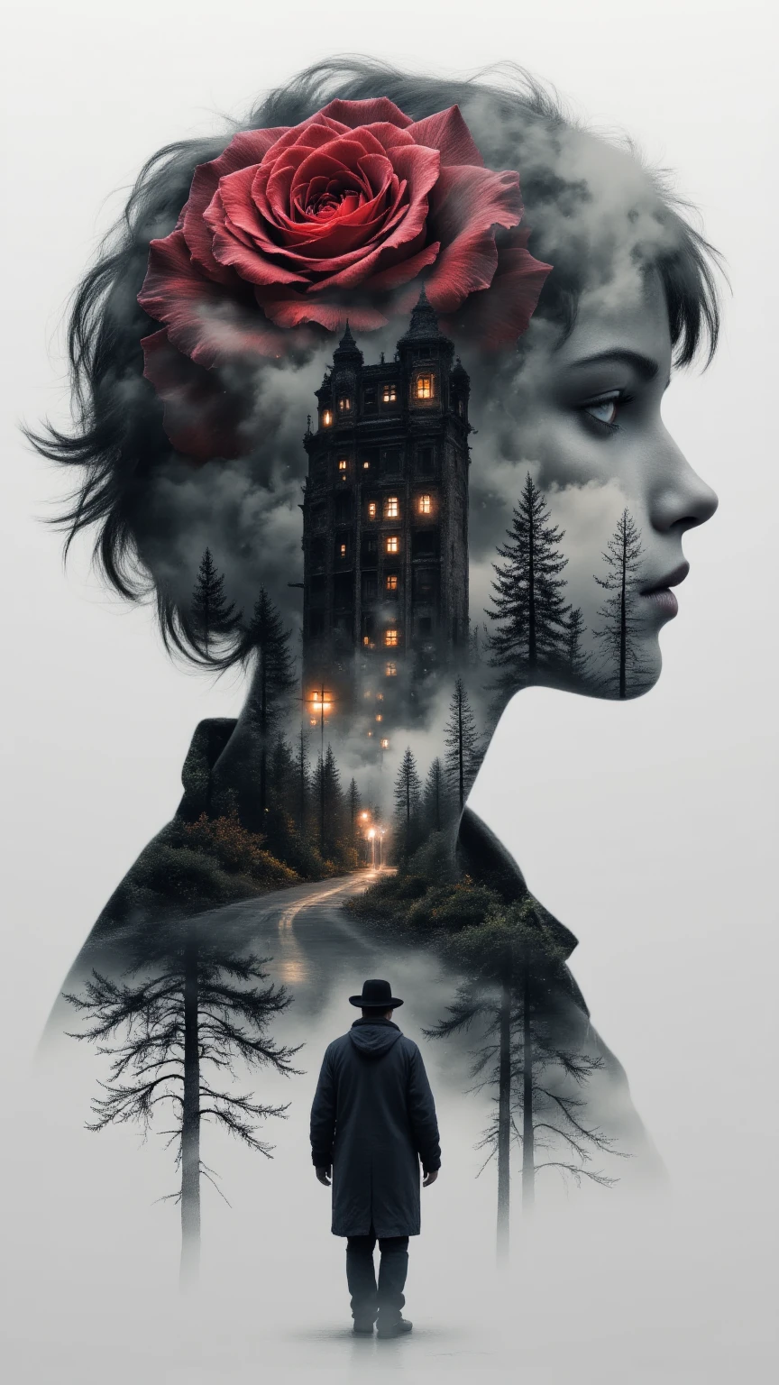 Hyper-realistic digital painting  An ideal double exposure. is a huge Transparent silhouette of a black and burgundy rose, in double exposure  inside we see the departing silhouette of a cowboy in a raincoat walking along the road to a huge bizarre Dark tower against the background of a gloomy post-apocalyptic landscape.. Saturated dark colors. ethereal ambiance, octane render, ultra HD, vivid colors, intricate detailing, perfect composition, soft natural lighting, 8k resolution, capturing the essence of a dark fantasy realm. creating a stunning surreal composition, digital artwork showcasing ultra-detailed textures, pure perfection. High Resolution, High Quality