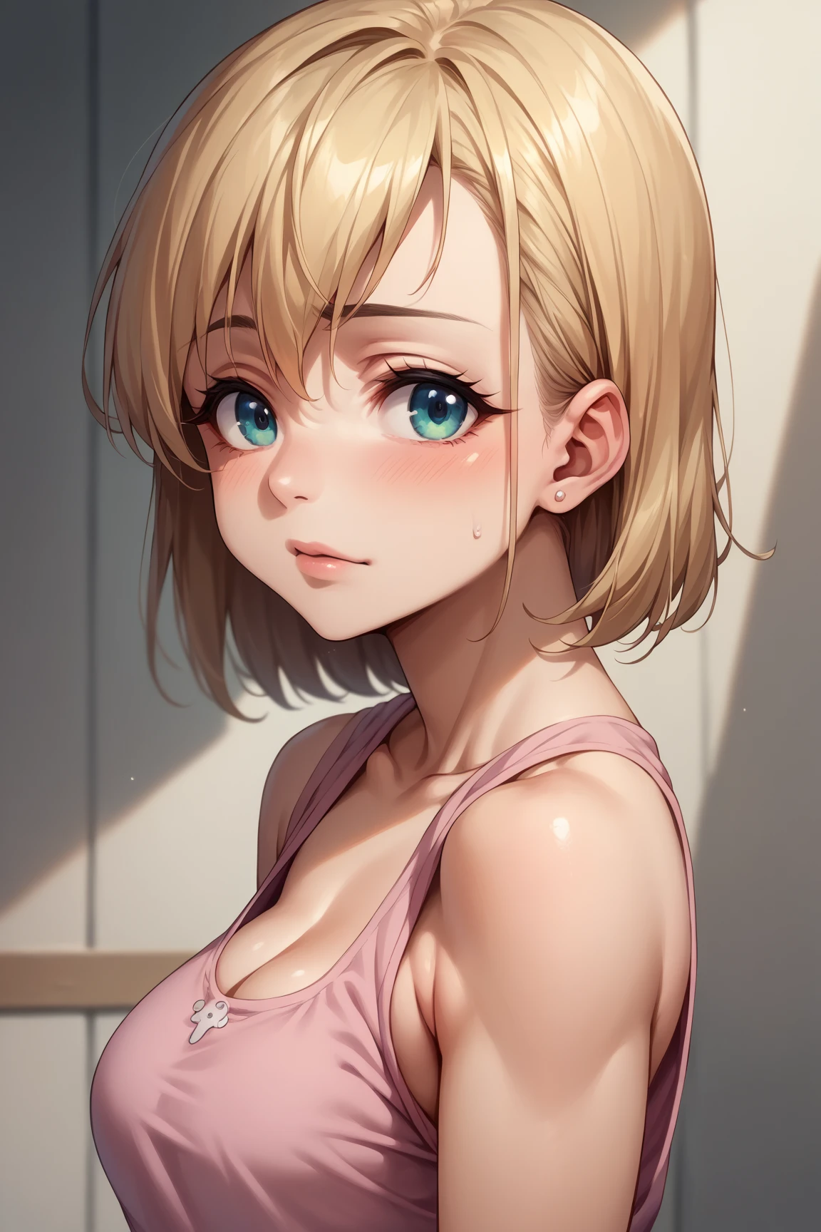 boy, slim, Cute, bright eyes, Short blond hair, in the bedroom, looks at the viewer, shy, mesh tank top, wet body