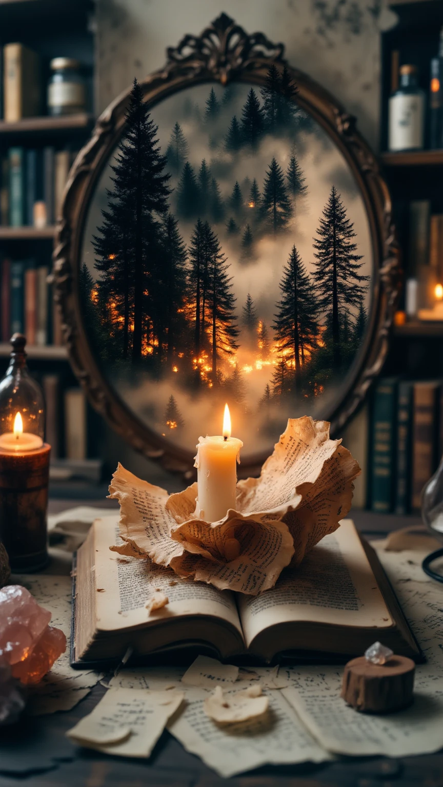 complex Double exposure highest quality . Double exposure: (1) an old book with pages gently curling upwards , embracing a melting candle in an alchemist's study , the candle's flame flickering softly as if responding to the book's embrace , wax tears turning into letters that fall to the floor , shelves filled with strange bottles , crystals , and other books that seem to watch the scene , a mysterious mirror in the background reflecting something unseen ; (2) a translucent overlay of a dense forest with tall trees , their silhouettes blending seamlessly with the book and candle , as if the forest is growing through the study , warm and mystical atmosphere , 4K , hyper-detailed , breathtaking surreal masterpiece . dramatic lighting , cinematic . pure perfection , divine presence , unforgettable , impressive , breathtaking beauty , Ultra fine . high-quality