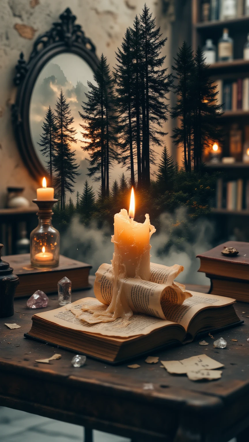 complex Double exposure highest quality . Double exposure: (1) an old book with pages gently curling upwards , embracing a melting candle in an alchemist's study , the candle's flame flickering softly as if responding to the book's embrace , wax tears turning into letters that fall to the floor , shelves filled with strange bottles , crystals , and other books that seem to watch the scene , a mysterious mirror in the background reflecting something unseen ; (2) a translucent overlay of a dense forest with tall trees , their silhouettes blending seamlessly with the book and candle , as if the forest is growing through the study , warm and mystical atmosphere , 4K , hyper-detailed , breathtaking surreal masterpiece . dramatic lighting , cinematic . pure perfection , divine presence , unforgettable , impressive , breathtaking beauty , Ultra fine . high-quality
