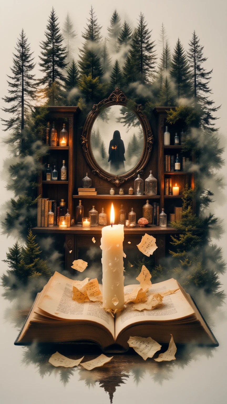complex Double exposure highest quality . Double exposure: (1) an old book with pages gently curling upwards , embracing a melting candle in an alchemist's study , the candle's flame flickering softly as if responding to the book's embrace , wax tears turning into letters that fall to the floor , shelves filled with strange bottles , crystals , and other books that seem to watch the scene , a mysterious mirror in the background reflecting something unseen ; (2) a translucent overlay of a dense forest with tall trees , their silhouettes blending seamlessly with the book and candle , as if the forest is growing through the study , warm and mystical atmosphere , 4K , hyper-detailed , breathtaking surreal masterpiece . dramatic lighting , cinematic . pure perfection , divine presence , unforgettable , impressive , breathtaking beauty , Ultra fine . high-quality