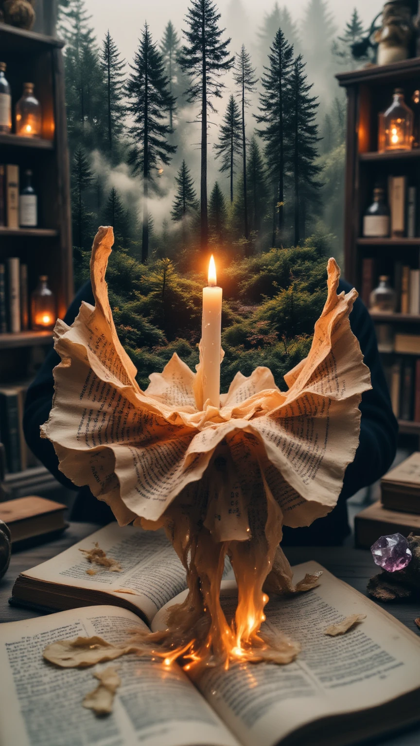 complex Double exposure highest quality . Double exposure: (1) an old book with pages gently curling upwards , embracing a melting candle in an alchemist's study , the candle's flame flickering softly as if responding to the book's embrace , wax tears turning into letters that fall to the floor , shelves filled with strange bottles , crystals , and other books that seem to watch the scene , a mysterious mirror in the background reflecting something unseen ; (2) a translucent overlay of a dense forest with tall trees , their silhouettes blending seamlessly with the book and candle , as if the forest is growing through the study , warm and mystical atmosphere , 4K , hyper-detailed , breathtaking surreal masterpiece . dramatic lighting , cinematic . pure perfection , divine presence , unforgettable , impressive , breathtaking beauty , Ultra fine . high-quality