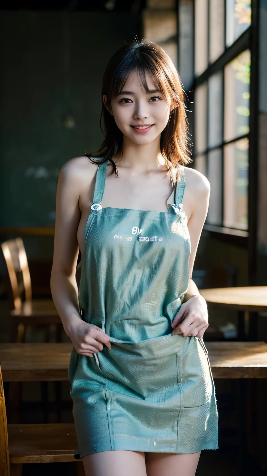 (Realistic、Photorealistic、Ultra-detailed、Highest Detail Skin、highest quality、masterpiece、超A high resolution)、Very cute Japanese woman、18-year-old、Gradient lighting、One Girl、Purelos Face、(((Naked Apron、Wear only an apron、Green apron only、No clothes)))、((Coffee shop clerk、Serve customers at the counter))、On the bed、Laughter、Realistic skin types、Perfect Style、Gravure idol pose、shortcut、double eyelid
