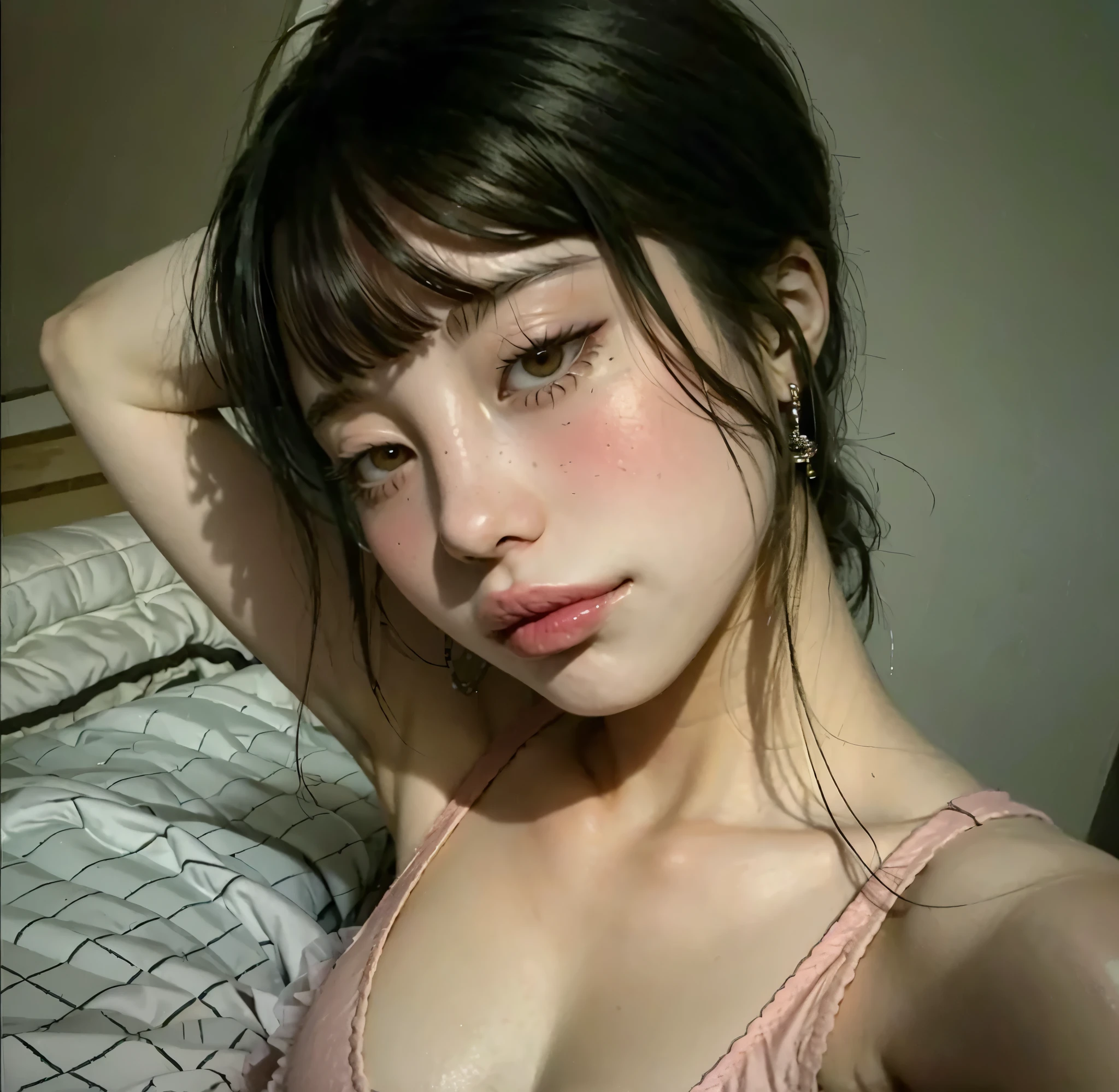 There is a woman with a very large breast lying on the bed., 1, a young asian woman, Southeast Asian with round face, una asian woman, asian face, beautiful Asian girl, young cute wan asian face, detailed face of a Asian girl, asian features, Asian girl, Beautiful young Korean woman, made, asian woman, young Asian girl
