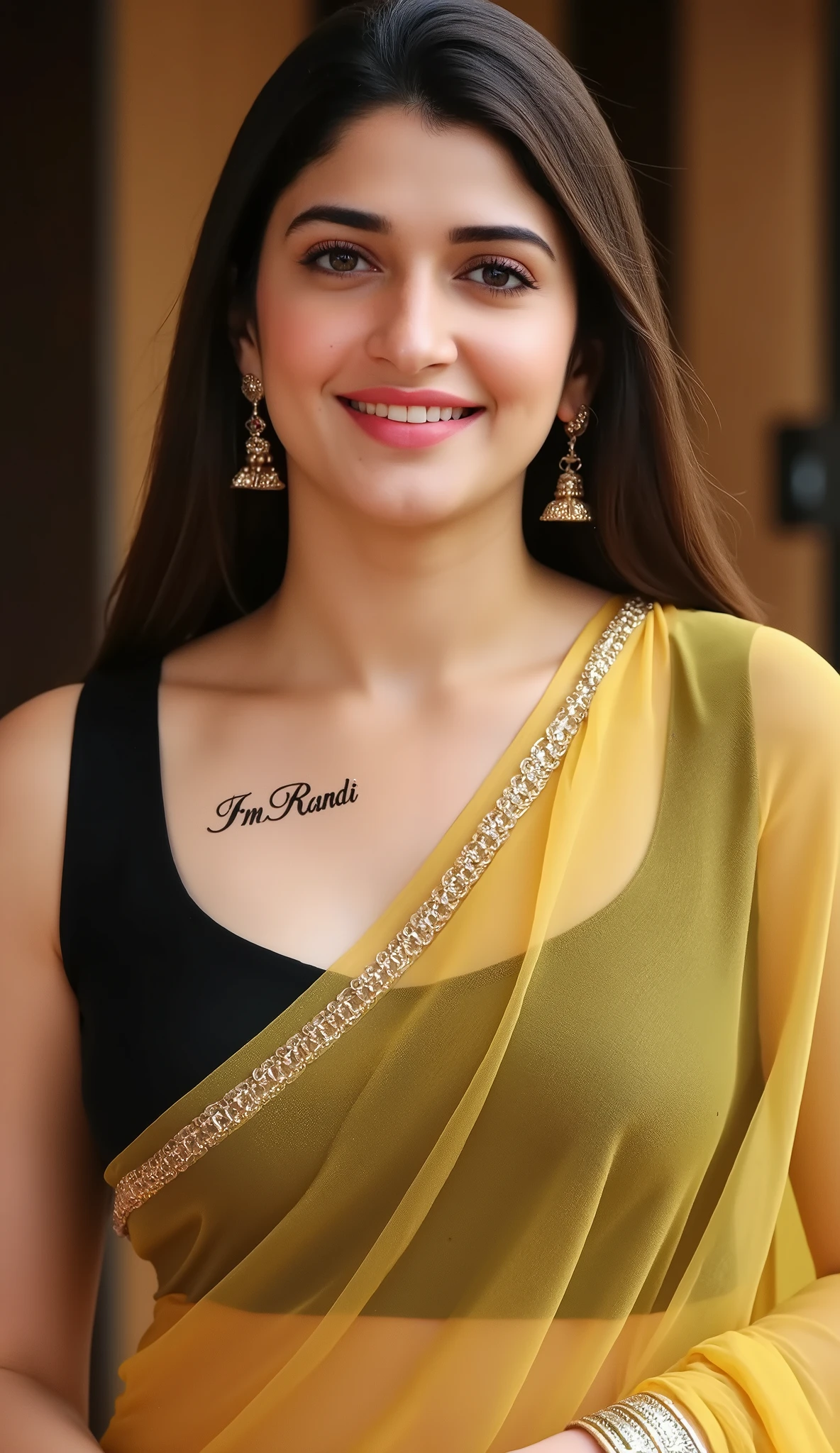 Indian sexy actress, Showing Deep Cleavage , Transparent Golden color Saree, tight black sleeveless blouse, Smiling looking at the camera, Seductive Shy Expression, Blurred natural background. "I'm Randi" tattoo in her upper chest in a very big areal black font.