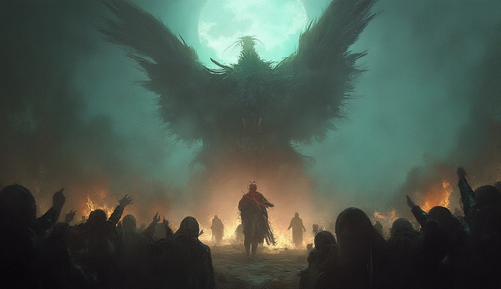 Very scary Lucifer with wings in the middle of a snow forest full of blood on fire, with a human head in one hand and a chain in the other hand terrorizing humans