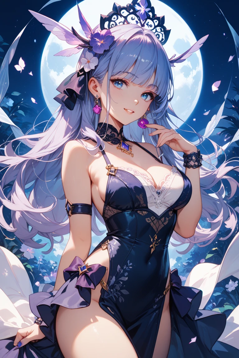 silber hair,butterflys,long whitr hair,8k wallpaper,detailedbackground,Highest high resolution,deep v big breasts,Hair over eyes,Bandeau,Church background,Purple roses,tight-fitting,themoon,stocklings,((2 people,Twin sisters))