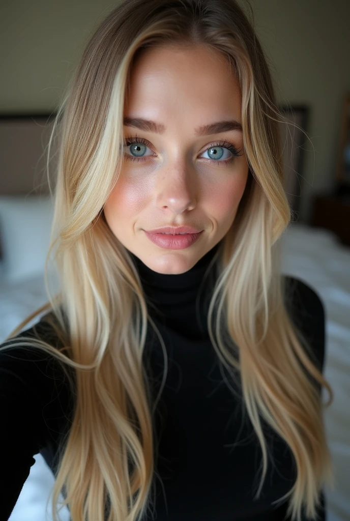 ;une femme aux cheveux longs blond Beau visage latin, beau visage attrayant, joli visage féminin, visage et yeux parfaits, visage extrêmement beau, Beaux yeux et visage, beau visage féminin, yeux verts clairs, , yeux et visage séduisants, yeux vert clair, beaux yeux verts, cheveux blond, platinum cheveux blond, in rich black house, in rich black bedroom, hands on tits, sexy, black room