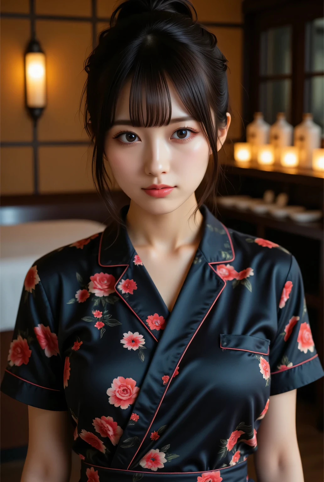 Highest quality, photo realistic, high resolution, masterpiece,
Super beautiful Japanese woman, her job is a masseuse, looks like a intimidating dominatrix, evil smile, condescending gaze, charm with gaze, staring at the viewer, long false eyelashes, lips makeup, short ponytail, big breasts,
Masseuse uniform, tight-fitting short sleeves, thighs wearing colored tights,
Dimly lit high-end massage salon with an adult atmosphere late at night, massage bed, lotion bottles lined up on wall, detailed background, candle lighting, easy-to-see color lighting, colorful to keep.