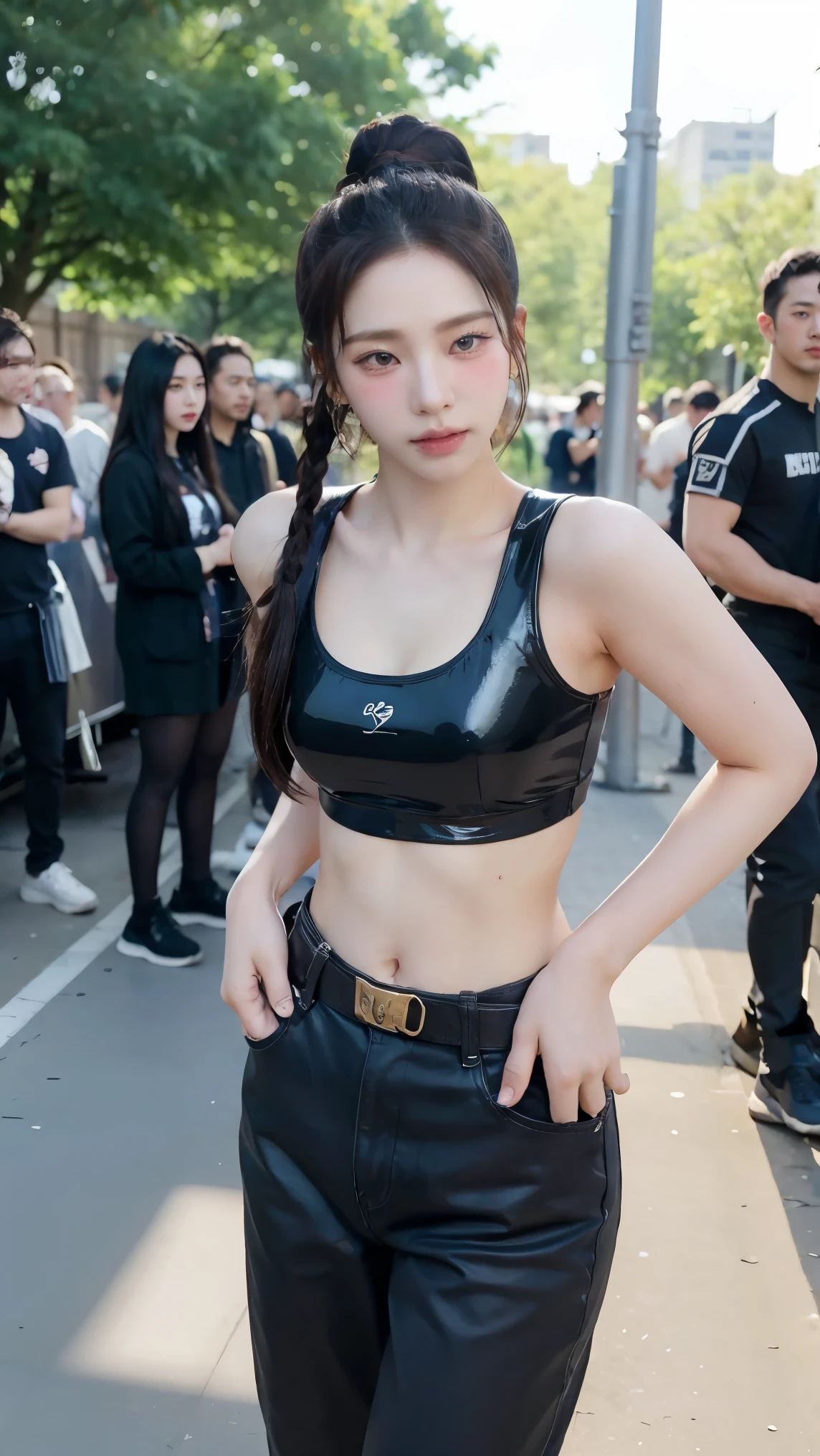 Yukiji is an extremely beautiful woman with fair skin and a slender figure., Her hair is dark brown and is styled in a high bun at the back and a pair of braids on each side of her face that form an arch around her ears and end up attached to the bun at the back., of two fine locks falling over her face and has two golden sticks decorating the bun, She has almond-shaped eyes in a bright violet color and also wears dark blue eyeliner., elegant nose and full lips painted strawberry red, He has thin eyebrows, long eyelashes and fine features, He usually always has a cold and arrogant expression with a frown. His outfit is similar to that of a samurai since he wears dark blue baggy pants with long black boots that are just below the knee., She has a blue armor protector with golden oriental-style details attached to her chest and waist, showing how voluptuous she is along with her small waist., He wears black hand guards that extend over his elbows and forearms, along with fingerless gloves and small, wood-brown wristbands., Under the armor he wears a somewhat revealing ninja mesh and a black belt on his pants where two navy blue war fans hang.. ((Style Magical Portrait)) + ((latex))