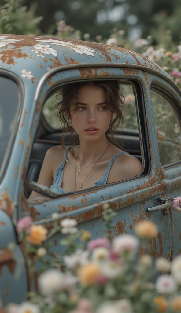 Tia is shown to have a fairly slender figure. She has white-grey hair , she has short hair and large pale green eyes, detailed face , tall face , The picture reflects the beauty of nature and tranquility. The girl is wearing an elegant dress in harmony with her rural environment, and carrying an umbrella to protect from the sun's rays. You sit elegantly inside a traditional horse carriage, and the carriage slowly drives down a beautiful country road surrounded by green farms and fields full of flowers. This image evokes a feeling of peace, tranquility and a deep connection with nature., cleavage exposed, medium breasts, superior quality, many details, Puri focus Sharp and realistic