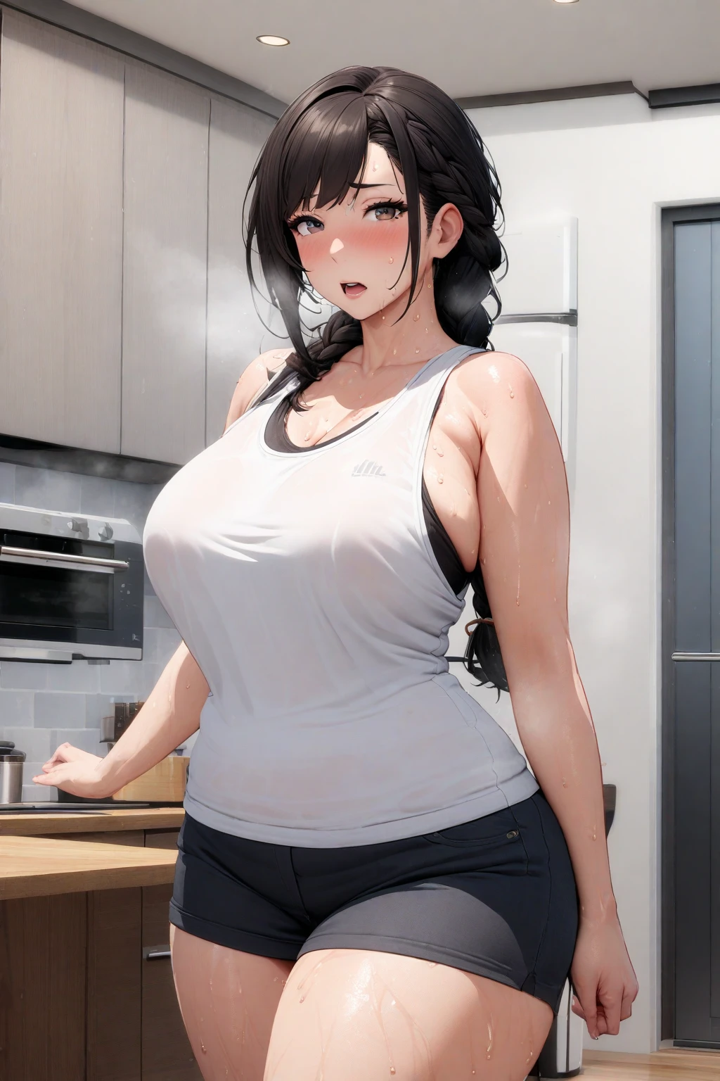(best quality), perfect image, masterpiece,(26 year old woman)barista, yoga pants, brown hair, black tanktop with made up company logo across the chest, working at a locally owned coffee shop, working behind the counter with your cute coworker, ponytail, large window in background, medium sized breasts, a beautiful mountain range is visable through the window, looking at viewer, deep u neck shirt, leaning forward, absolutely beautiful scene, cinamatic masterpiece, cleavage, aunt june, squinting, sweaty, camel toe, deep purple eyesd, black baseball hat, horny expression, jeans