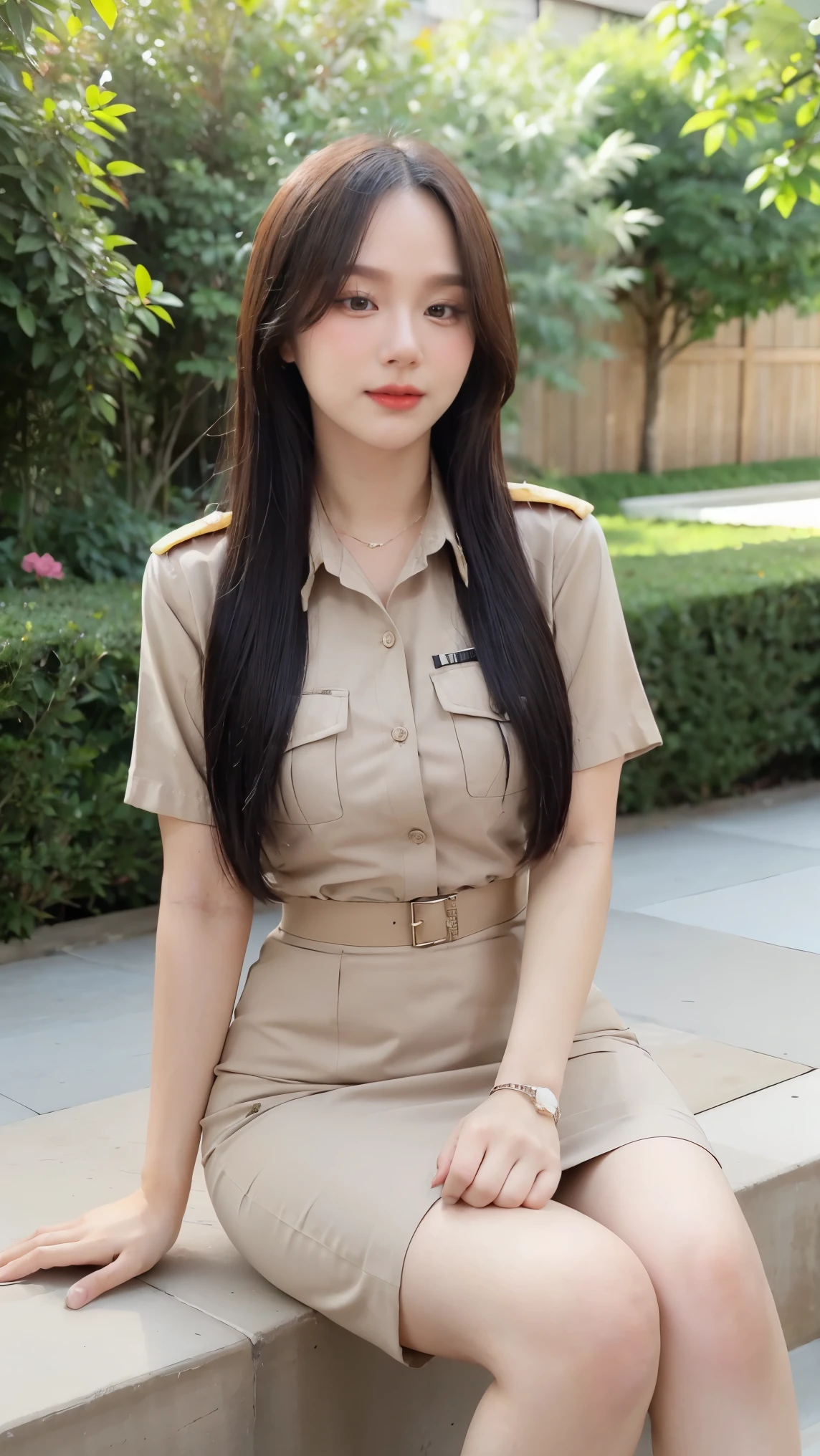Khaki suit, khaki civil servant, Thai teacher uniform:1.3, Beautiful girl with extra long hair, Two meter long hair, Long hair that catches the eye, long black hair, Her hair is very long., Long, shiny hair, Long, thick, soft hair, Extra long hair, Dynamic posts, like full body, Short sleeve shirtสีกากี, short pencil skirtสีกากี, side cut, Decorated with military insignia., black high heels, The sexiest, small waist, hips raised, small thighs, Long legs, Huge breasts, Huge breasts:1.5, big breast, Very big breasts, Eye-catching breasts, A gigantic rift, Not completely covered, big breast, Huge breast, Big D, สาวTwo meter long hair, Beautiful face, red lips, Very shiny, แต่งBeautiful face, Military rank insignia, short pencil skirt, tight, Short sleeve shirt, tight fitting, in the background, blurred garden. ultra short skirt,
