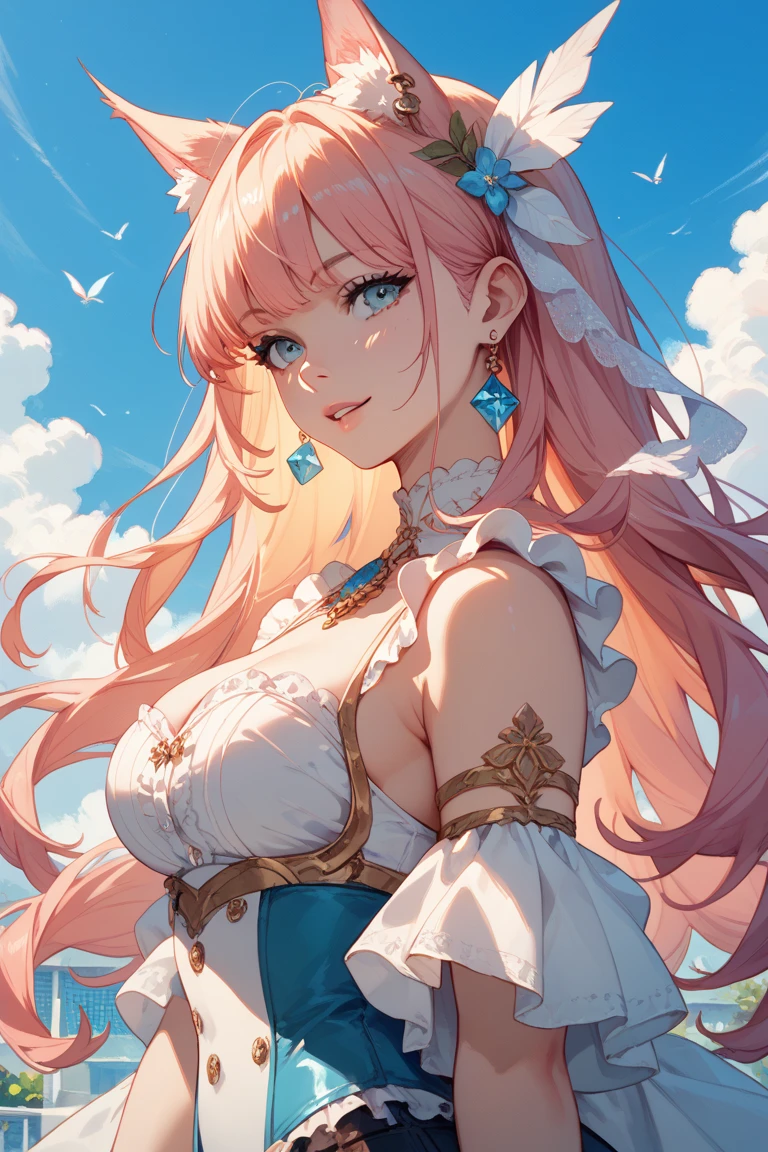 official art, masterpiece, sharp focus, (beautiful gorgeous cute european: 1.3), (beautiful cute european: 1.3), european beauty, delicate and beautiful hair, eyes and face, realistic, super detailed, beautiful girl, blue sky, glow white particle, (side lighting: 1.2), sunlight, white cloud, detailed clouds, slim, beautiful extra-large breasts and very large hips, smile with teeth, ((smile with eyes, open both eyes)), decorations, long straight hair, sexy facial expression, building, (cityscape: 1.7), dynamic hair, long straight hair, detailed platinum pink hair, glowing blue eyes, (blue pleated shirts + white skirt), white long socks, pale skin, hair decoration, epic landscape.