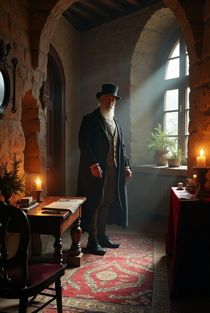 Jon Macnair, a man with a long beard and a top hat, is standing in front of a door with intricate ornate, filigree details. The door is painted in a tan color palette. The door is part of a mysterious and eerie mansion. The sky is dark and stormy. The mansion is surrounded by trees and bushes. The mansion is located in a remote and isolated area.