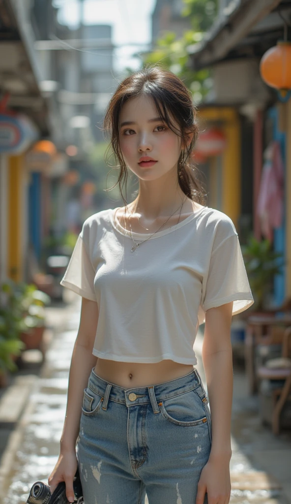 captivating photorealistic portrait,personified as a young woman with Asian features,Smooth, flawless skin with a touch of light makeup,a cute young girl sitting in front of an ice cream shop, wearing a red t-shirt and a purple skirt above the knees, beautiful detailed eyes, beautiful detailed lips, extremely detailed face and eyes, long eyelashes, soft natural lighting, photorealistic, 8k, high quality, detailed, beautiful, kawaii, sweet, adorable, innocent, joyful, vibrant colors, warm tones, realistic skin, realistic face, realistic body,lee so jin
