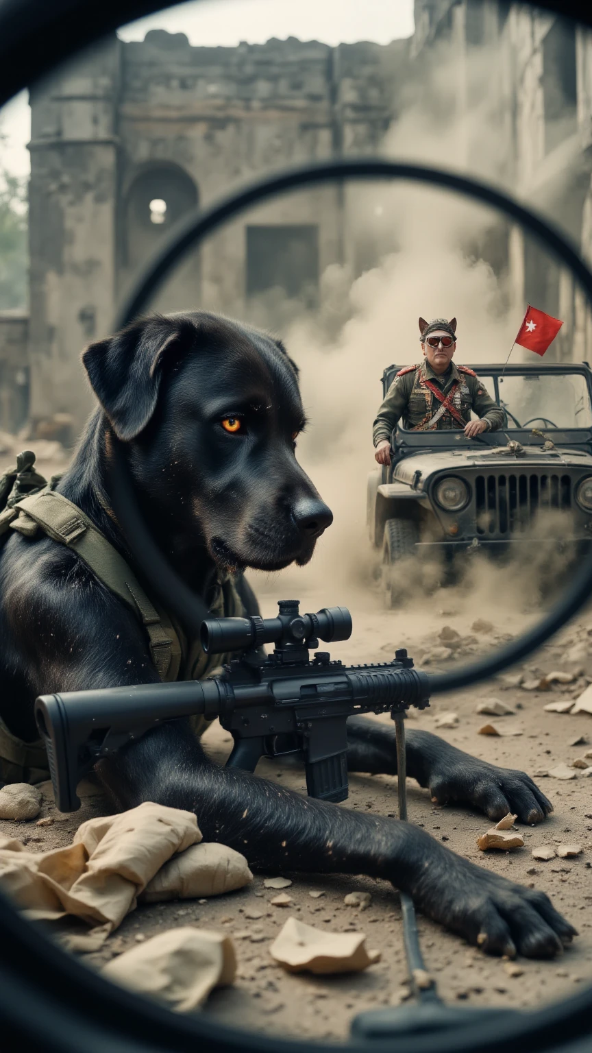 A cinematic, high-stakes war scene with layered composition. In the foreground, an anthropomorphic black Labrador sniper lies prone in the crumbled ruins of a tower, dressed in realistic military gear, one paw steadying a sniper rifle, the other on the trigger. His sharp eyes peer through the scope, the barrel resting atop a sandbag, as dust and smoke swirl in the muted battlefield light.
Superimposed above the main image is the circular view through his sniper scope—perfectly centered on a Siamese cat general, regal and composed, riding in the back of a military Jeep. The general wears a decorated uniform and mirrored aviators, his posture and confidence echoing General MacArthur, calm in the chaos. Two small red flags flap on the Jeep’s hood, each emblazoned with a white ball of string, the proud symbol of the feline army.
The scene is tense, dusty, and cinematic—a split-second moment in the Cat vs. Dog War where precision, loyalty, and legend intersect across the crosshairs.
