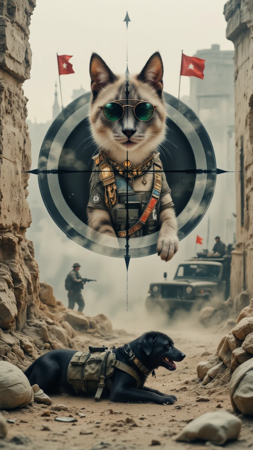 A cinematic, high-stakes war scene with layered composition. In the foreground, an anthropomorphic black Labrador sniper lies prone in the crumbled ruins of a tower, dressed in realistic military gear, one paw steadying a sniper rifle, the other on the trigger. His sharp eyes peer through the scope, the barrel resting atop a sandbag, as dust and smoke swirl in the muted battlefield light.
Superimposed above the main image is the circular view through his sniper scope—perfectly centered on a Siamese cat general, regal and composed, riding in the back of a military Jeep. The general wears a decorated uniform and mirrored aviators, his posture and confidence echoing General MacArthur, calm in the chaos. Two small red flags flap on the Jeep’s hood, each emblazoned with a white ball of string, the proud symbol of the feline army.
The scene is tense, dusty, and cinematic—a split-second moment in the Cat vs. Dog War where precision, loyalty, and legend intersect across the crosshairs.
