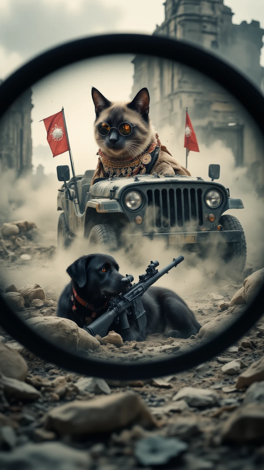 A cinematic, high-stakes war scene with layered composition. In the foreground, an anthropomorphic black Labrador sniper lies prone in the crumbled ruins of a tower, dressed in realistic military gear, one paw steadying a sniper rifle, the other on the trigger. His sharp eyes peer through the scope, the barrel resting atop a sandbag, as dust and smoke swirl in the muted battlefield light.
Superimposed above the main image is the circular view through his sniper scope—perfectly centered on a Siamese cat general, regal and composed, riding in the back of a military Jeep. The general wears a decorated uniform and mirrored aviators, his posture and confidence echoing General MacArthur, calm in the chaos. Two small red flags flap on the Jeep’s hood, each emblazoned with a white ball of string, the proud symbol of the feline army.
The scene is tense, dusty, and cinematic—a split-second moment in the Cat vs. Dog War where precision, loyalty, and legend intersect across the crosshairs.