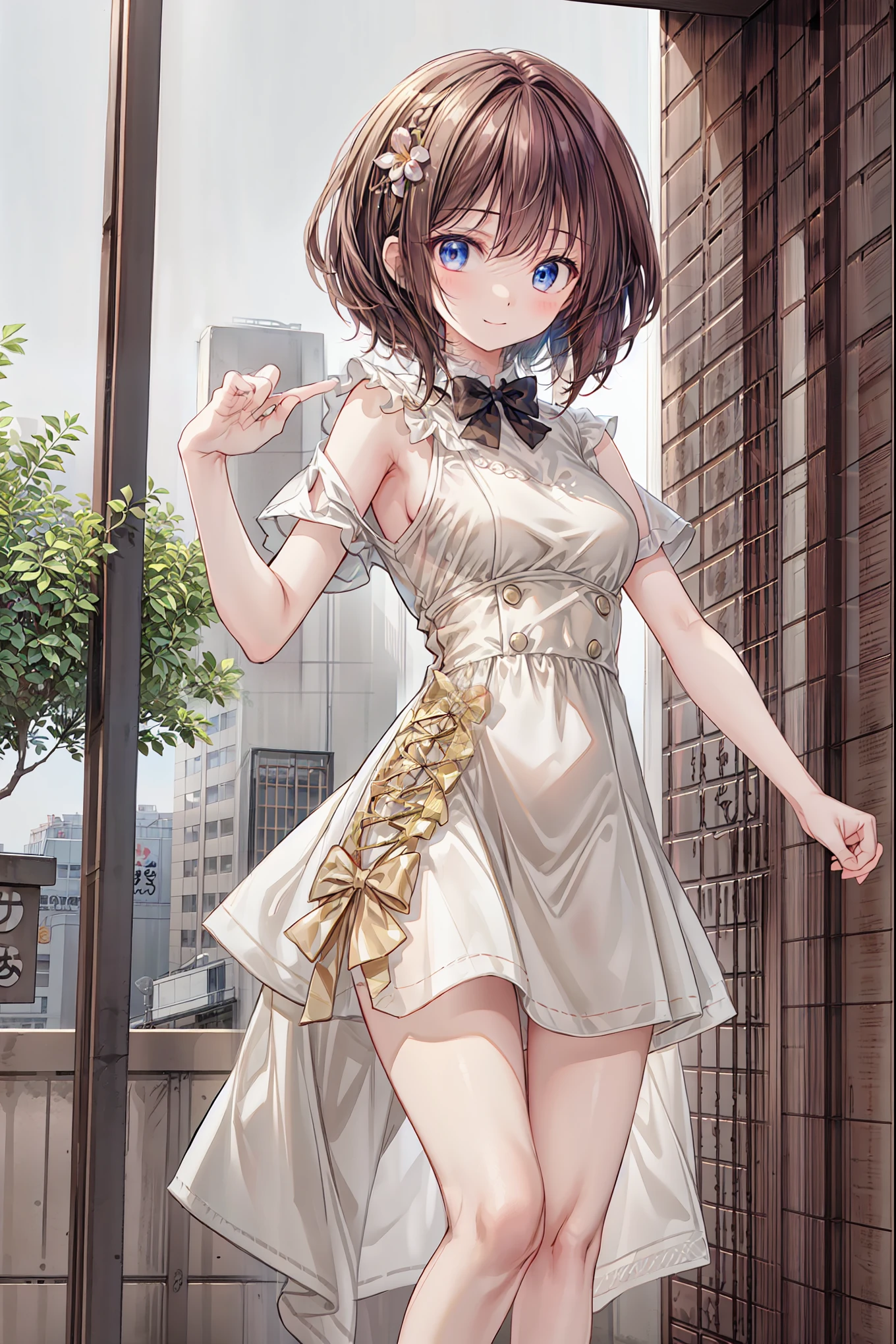 wearing a white dress and a denim vest, merula, full body, thighs, solo girl, medium tits
