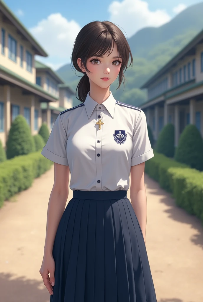 best quality,masterpiece,1girl,solo,((( 13years old))),japanese girl,an extremely cute and beautiful girl,highly detailed beautiful face and eyes,petit,cute face,lovely face,baby face,shy smile,show teeth,black hair,medium short hair,flat chest,skinny,slender,(((wearing a white short shirt and grey short skirt))),(((standing in a flower garden))),she is looking at the viewer