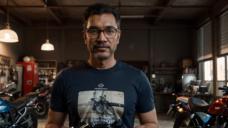 very realistic, 28 year old man, with mustache, long black hair taken, with some gray hair, with sunglasses, weight of 75 kilos, medium build, Latin American, Chilean, gordo, working in a workshop
