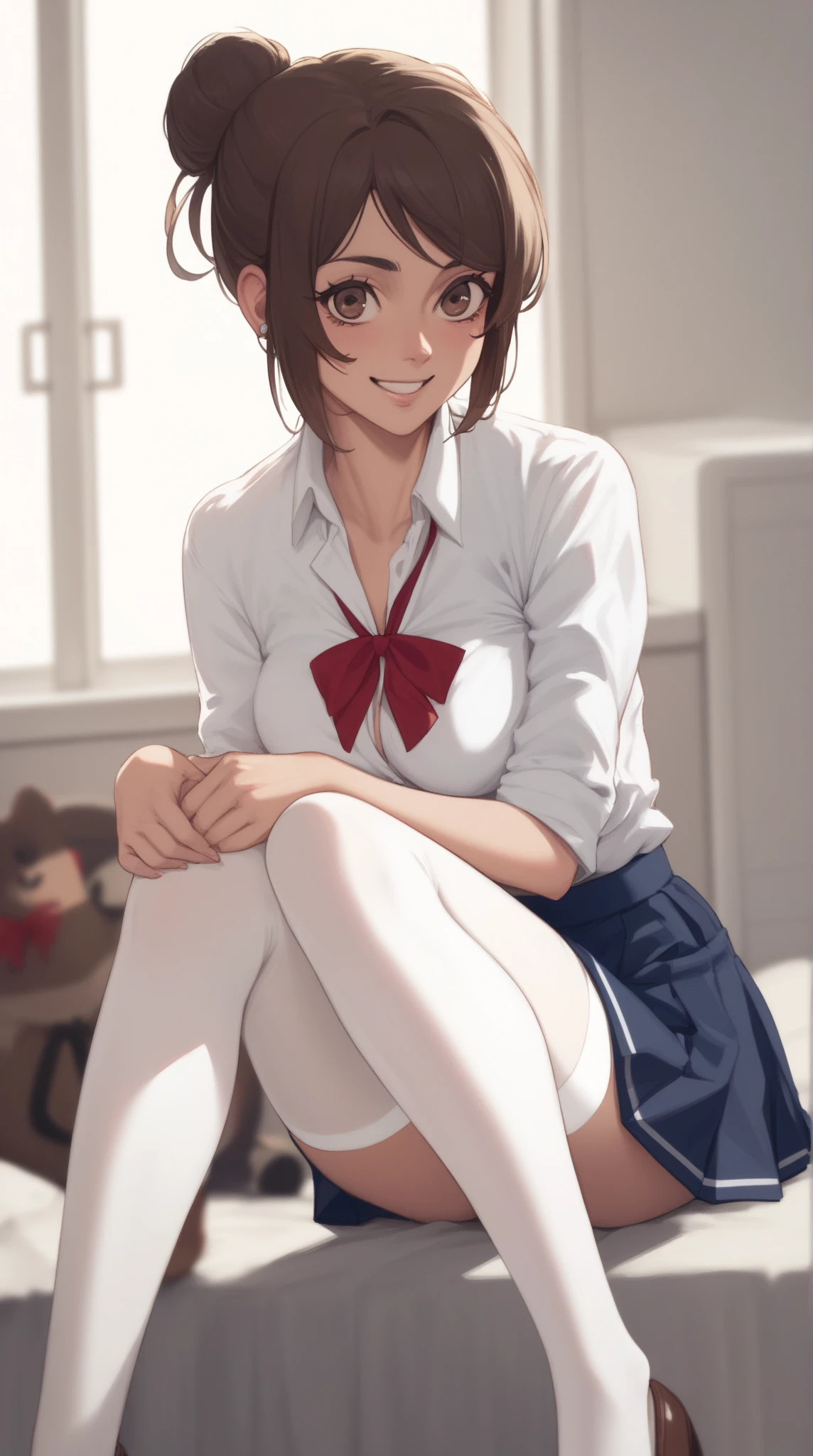 (mesa, of the highest quality, High resolution, , pixel perfect, 4k,), 1 girl, single, alone, beautiful woman、I could see the whole body、 ((Medium Length Wavy Hair, hits, Brown hair)), ((Brown eyes, Beautiful eyelashes, realist eyes)), ((detailed face, blush:1.2)), ((Smooth texture:0.75, realist texture:0.65, realist:1.1, cg anime style)), medium breasts, dynamic angle, perfect body, ((, teacher, , earrings、collar、Sleeveless turtleneck sweater black knee-length stockings、((open both legs wide、open both knees))、tight denim skirt、shy smile、Sitting in the pulpit、emphasize the chest)), superior grade、、、evening、、(You can see the red lace panties.、、(、)、angle from below)、