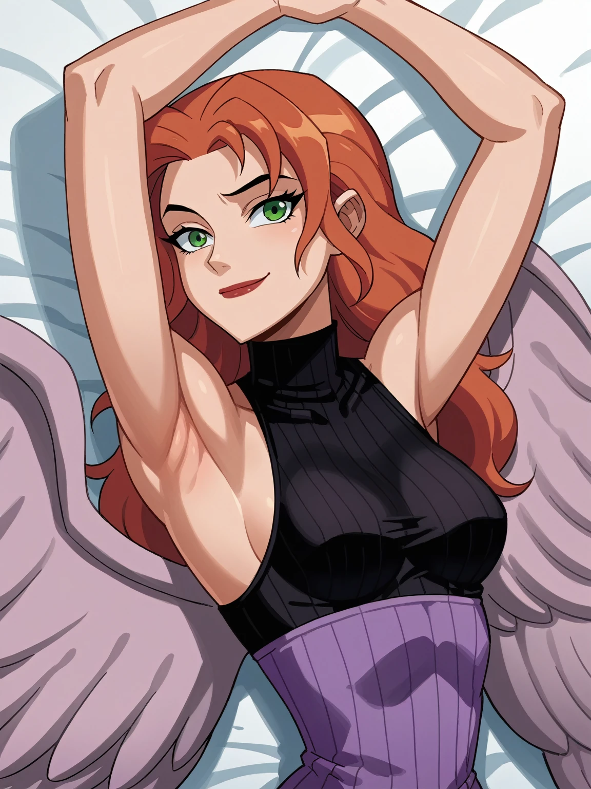 score_9, score_8_up, score_7_up, source_anime, anime screencap, 1girl, solo, shayera hol, angel wings, feathered wings, wings, long hair, green eyes, black sweater, sleeveless sweater, ribbed sweater, turtleneck, medium breasts, bare shoulders, bare arms, arm up, raised arm, armpit, looking at viewer, head towards viewer, smile, closed mouth, badhandv4, from side, lying in bed